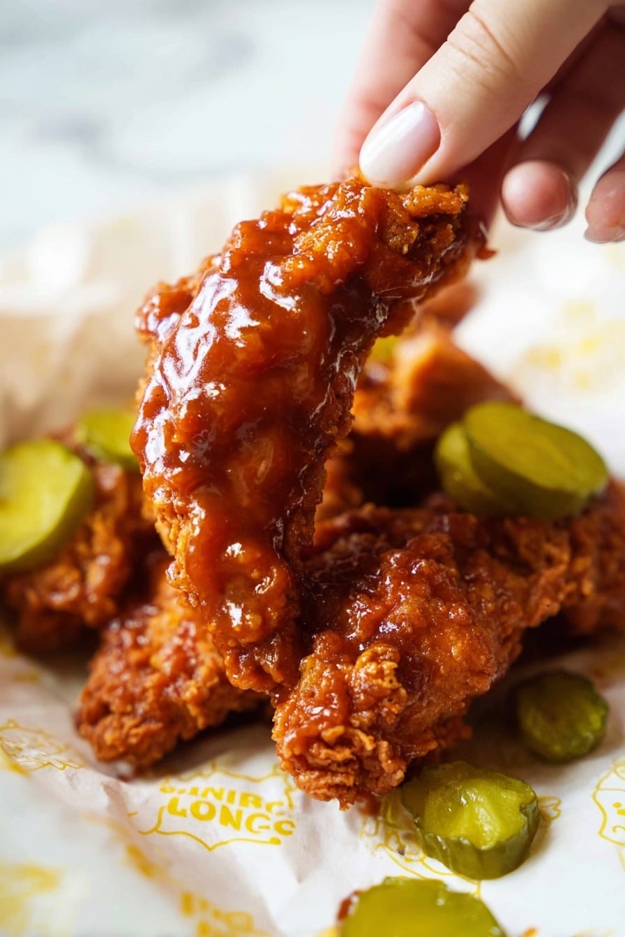 A woman's hand is holding a piece of fried chicken covered in shiny reddish-brown sauce above more pieces of fried chicken on a white paper with yellow text. The chicken pieces are crispy with a textured surface. Around the chicken pieces, there are several green pickle slices scattered. The background is a white marbled surface. Photo taken with an iphone --ar 2:3 --v 7 - Crispy Nashville Chicken Tenders, Nashville chicken tenders, spicy chicken tenders, crispy chicken strips, Nashville hot chicken