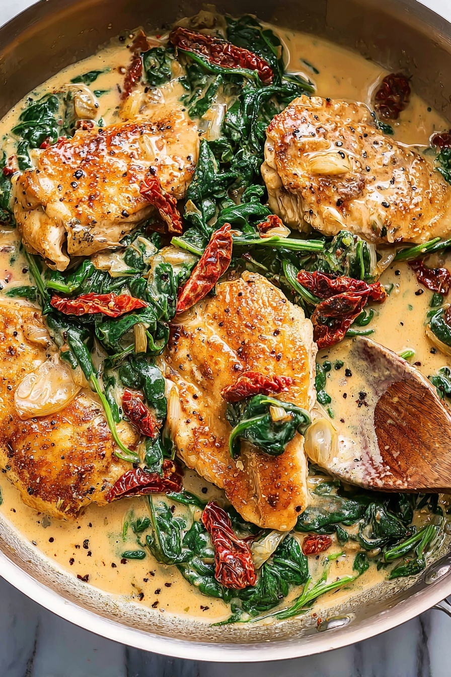 The image shows a pan filled with four pieces of golden-brown cooked chicken, surrounded by dark green sautéed spinach leaves and a creamy tan-colored sauce with visible black pepper specks. Scattered among the chicken and spinach are strips of deep red sun-dried tomatoes and thin slices of garlic. A wooden spoon with some sauce, spinach, and tomato rests on the right side of the pan, which has a metallic finish. The backdrop is a white marbled surface. photo taken with an iphone --ar 2:3 --v 7 - Sun Dried Tomato Chicken in Creamy White Wine Sauce, chicken with sun dried tomatoes, creamy white wine chicken, easy chicken dinner recipes, flavorful chicken dishes