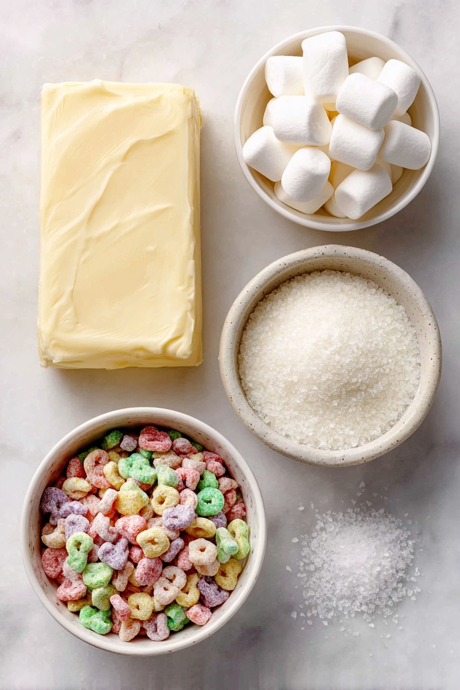Flat lay of a small square of salted butter, a few grains of coarse salt scattered beside it, a small white ceramic bowl filled with mini marshmallows, a small white ceramic bowl filled with colorful Lucky Charms cereal pieces placed neatly, all arranged with perfect symmetry, placed on a clean white marble surface, soft natural light, photo taken with an iPhone, professional food photography style, fresh ingredients, white ceramic bowls, no bottles, no duplicates, no utensils, no packaging --ar 2:3 --v 7 --p m7354615311229779997 - Lucky Charms Cereal Bars, colorful cereal bar recipe, easy marshmallow cereal bars, kid-friendly dessert ideas, nostalgic breakfast treats