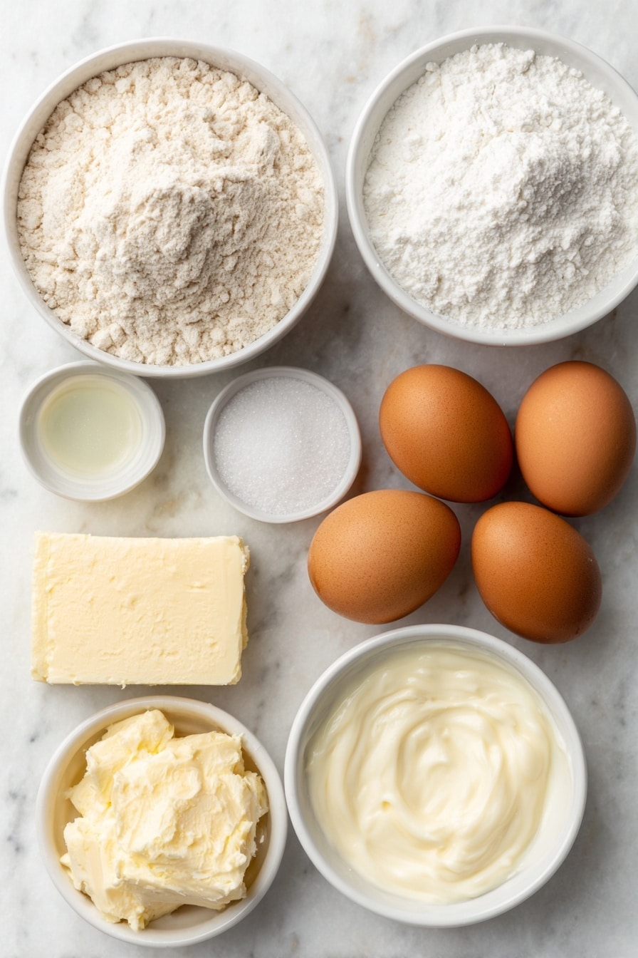 Flat lay of a small mound of all purpose flour and another small mound of cake flour side by side, a square of softened unsalted butter with a sheen, a small pat of creamy coconut oil, a small heap of fine granulated sugar sparkling under natural light, a small white ceramic bowl with fine sea salt, two small white bowls each holding a clear and pale vanilla extract liquid, a small white bowl filled with fine baking powder, four large whole uncracked brown eggs arranged neatly, a small white bowl with creamy buttermilk, all ingredients spaced evenly and symmetrically, placed on a clean white marble surface, soft natural light, photo taken with an iPhone, professional food photography style, fresh ingredients, white ceramic bowls, no bottles, no duplicates, no utensils, no packaging --ar 2:3 --v 7 --p m7354615311229779997 - Rainbow Surprise Bundt Cake, vibrant rainbow cake, colorful bundt cake, celebration cake, easy rainbow cake