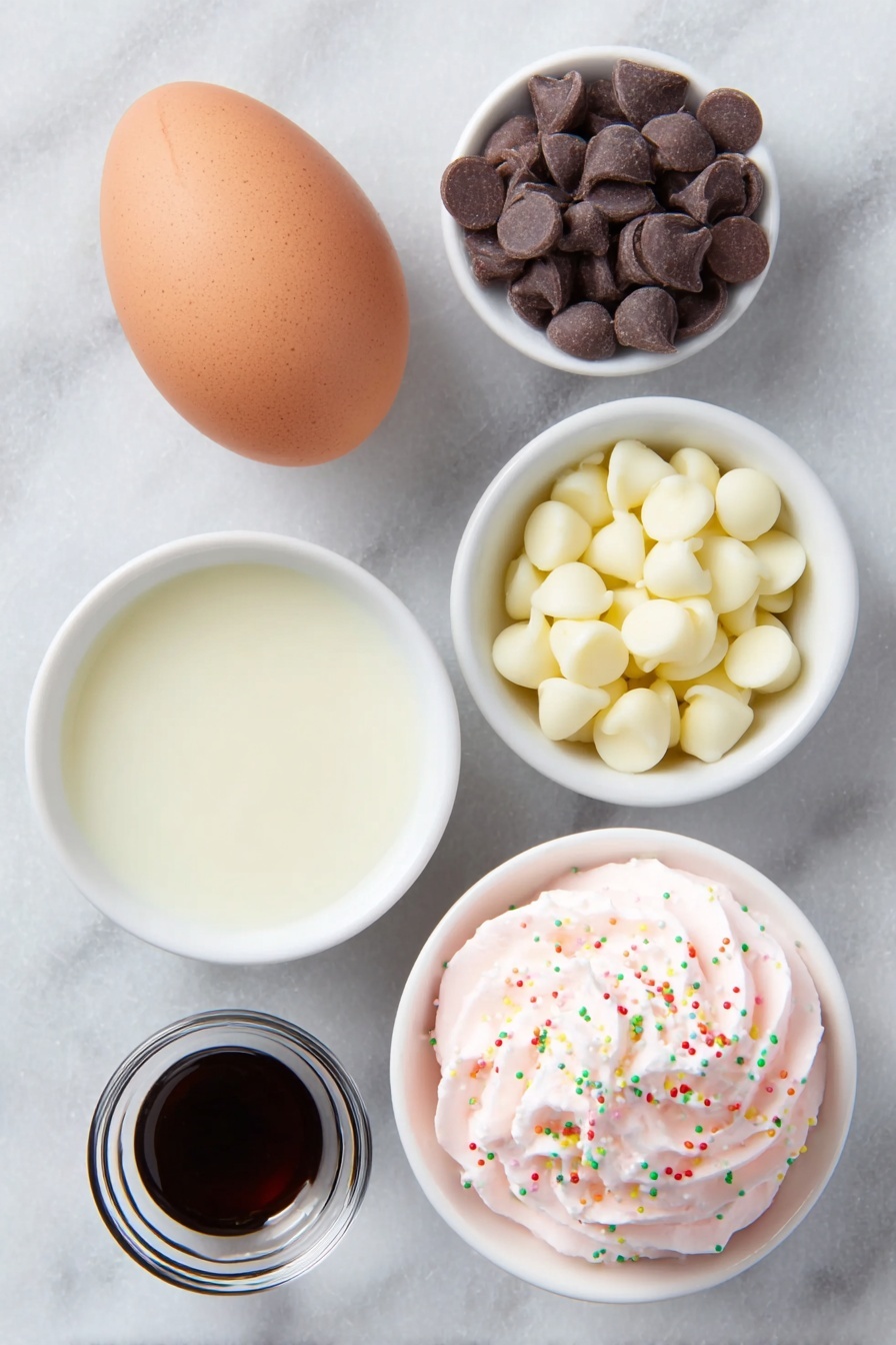 Flat lay of a small white ceramic bowl filled with smooth whole milk, a separate small white bowl holding glossy white chocolate chips, a single whole uncracked brown egg with a clean shell, a small white bowl containing clear vanilla extract, another small white bowl with vibrant pink whipped cream topped with tiny colorful Valentine’s sprinkles, all arranged symmetrically on a clean white marble surface, soft natural light, photo taken with an iPhone, professional food photography style, fresh ingredients, white ceramic bowls, no bottles, no duplicates, no utensils, no packaging --ar 2:3 --v 7 --p m7354615311229779997 - Pink White Hot Chocolate, pink hot chocolate recipe, white hot chocolate, festive hot chocolate, cozy winter drinks