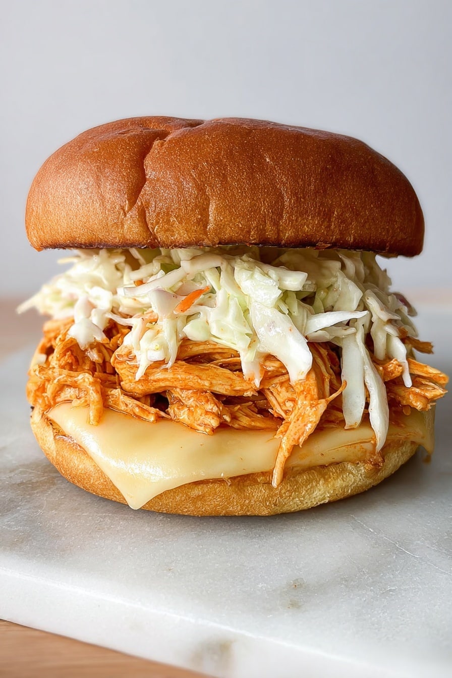 A sandwich sits on a white marbled surface, made with a soft, golden-brown bun with a slightly wrinkled top. The bottom bun holds a melted pale yellow cheese layer that stretches slightly over the bun. On top of the cheese, there is a thick layer of shredded, bright orange chicken. Above the chicken is a generous heap of creamy, white cabbage coleslaw with thin strands of pale carrot mixed in. The top bun rests gently on the coleslaw, completing the sandwich. The whole scene is well-lit with natural light, photo taken with an iphone --ar 2:3 --v 7 - Buffalo Chicken Blue Cheese Slaw Burgers, chicken burgers with blue cheese, spicy buffalo chicken sandwich, easy buffalo chicken burger, flavorful burger recipes