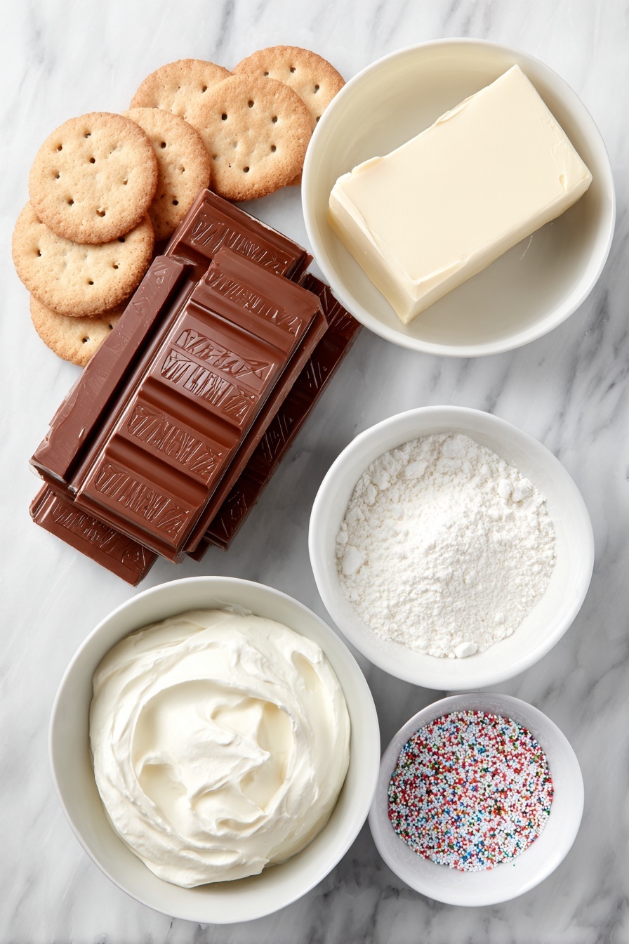 Flat lay of a stack of whole KitKat bars with individual fingers visible, a small pile of round digestive biscuits, a simple white ceramic bowl with a block of unsalted butter, two small white bowls each containing glossy chunks of milk chocolate and dark chocolate respectively, a smooth mound of fresh full-fat cream cheese, a small white bowl filled with fine white icing sugar, two small white bowls of fresh double cream, a scattering of colorful sprinkles on the side, all arranged symmetrically with perfect balance, placed on a clean white marble surface, soft natural light, photo taken with an iPhone, professional food photography style, fresh ingredients, white ceramic bowls, no bottles, no duplicates, no utensils, no packaging --ar 2:3 --v 7 --p m7354615311229779997 - No-Bake KitKat Cheesecake, KitKat cheesecake dessert, easy no-bake chocolate cheesecake, no-bake chocolate cheesecake recipe, indulgent KitKat cheesecake