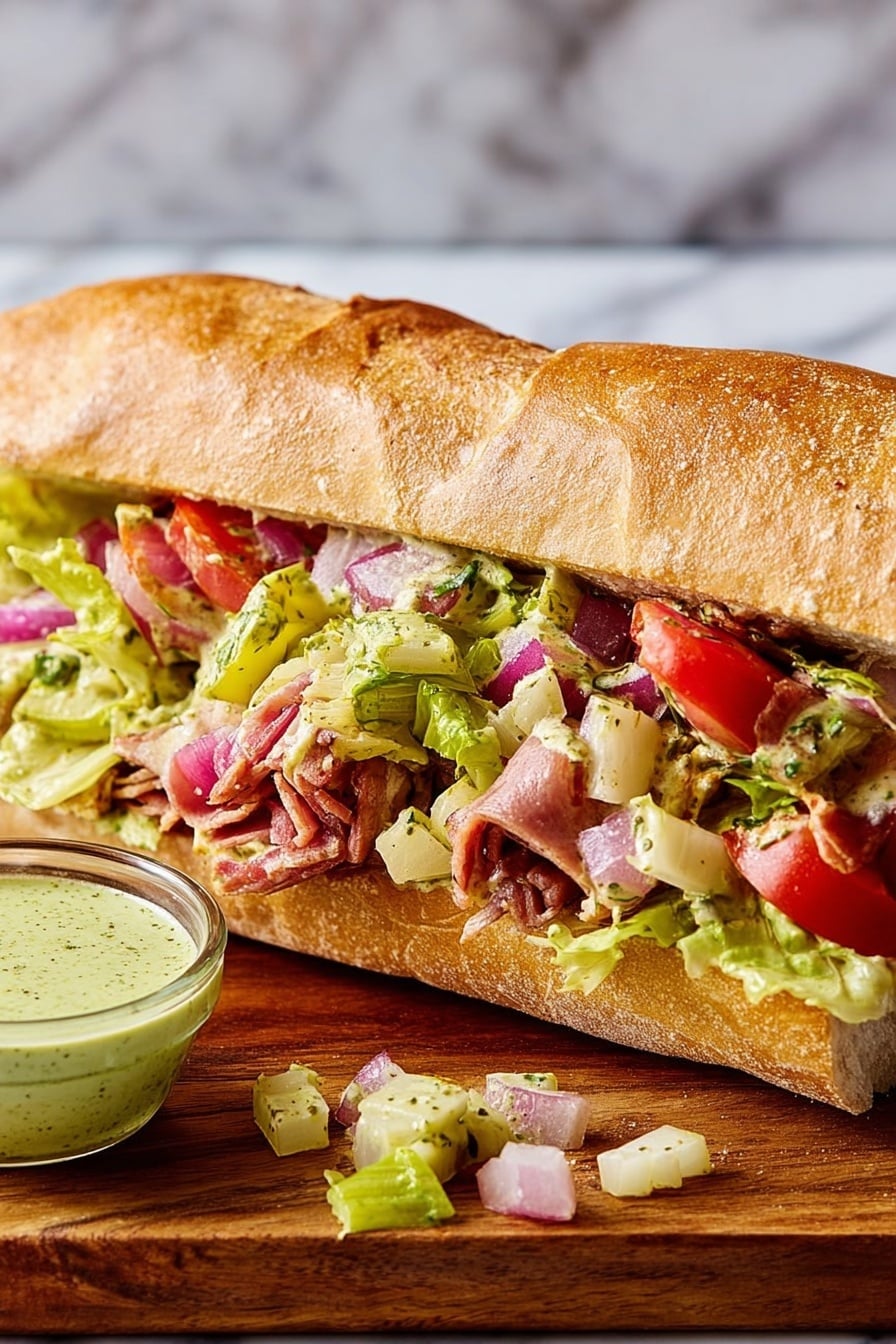A long sandwich sits on a wooden board with a side of creamy green sauce in a small clear glass. The sandwich is made with a light brown, crusty roll that is split open to show many layers inside: green lettuce pieces, small chunks of red onion, slices of pink meat, pieces of red tomato, pale yellow cheese chunks, and bits of celery mixed with a light creamy dressing. Some salad bits have fallen outside the sandwich. The background shows a white marbled texture surface. photo taken with an iphone --ar 2:3 --v 7 - Italian Meat and Cheese Chopped Sandwich, Italian deli sandwich, easy Italian sandwich recipe, quick lunch sandwich, flavorful sandwich ideas