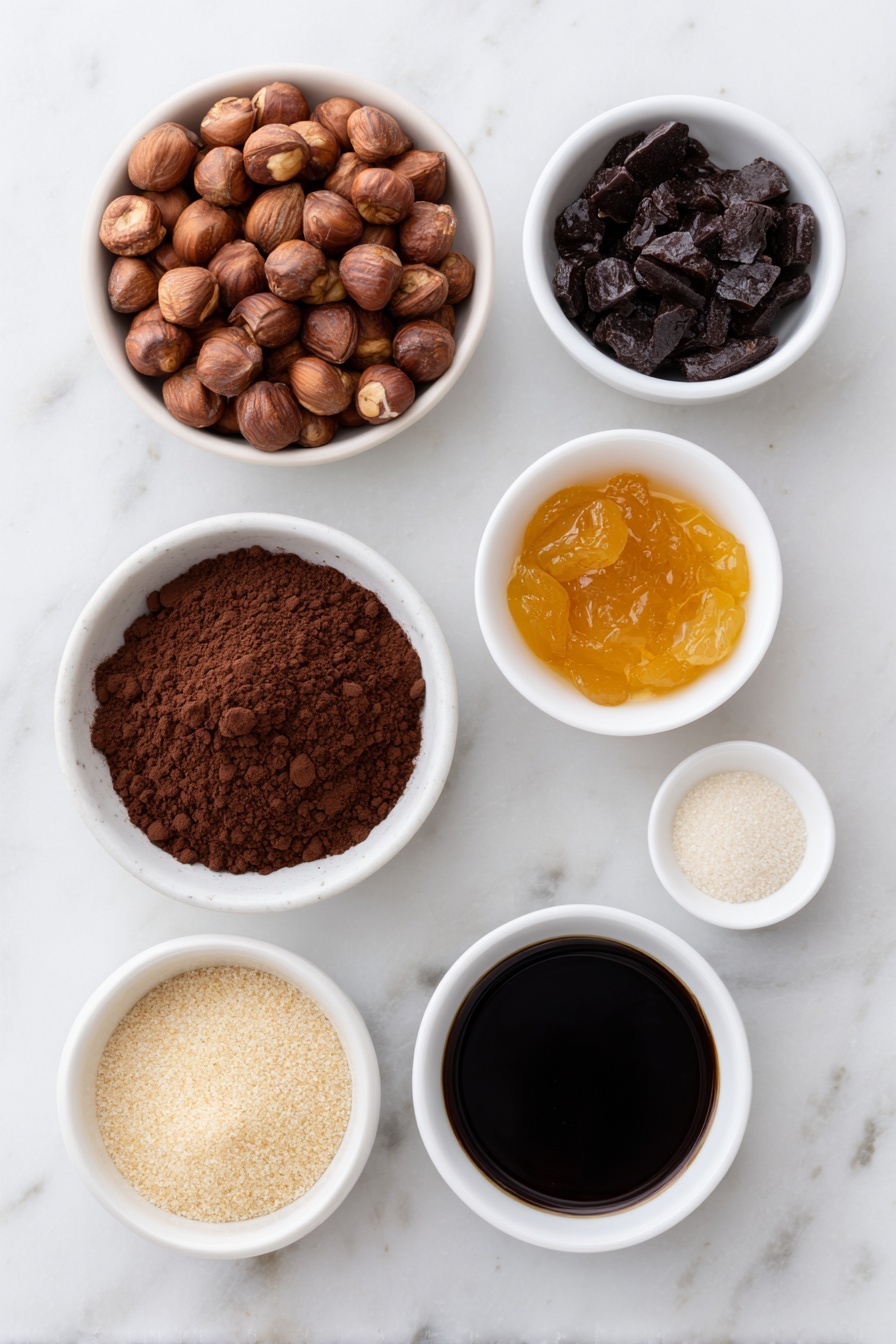 Flat lay of raw whole hazelnuts scattered beside a small white ceramic bowl of finely chopped hazelnuts, a small white bowl filled with rich dark cocoa powder, a small white bowl holding glossy orange marmalade, a small white bowl containing amber-colored maple syrup, a small white bowl with light golden coconut sugar granules, and a small white bowl with clear vanilla extract, all arranged neatly and symmetrically, placed on a clean white marble surface, soft natural light, photo taken with an iPhone, professional food photography style, fresh ingredients, white ceramic bowls, no bottles, no duplicates, no utensils, no packaging --ar 2:3 --v 7 --p m7354615311229779997 - Chocolate Orange Hazelnut Truffles, chocolate orange truffles, hazelnut chocolate candies, citrus chocolate confections, no-bake truffle recipes
