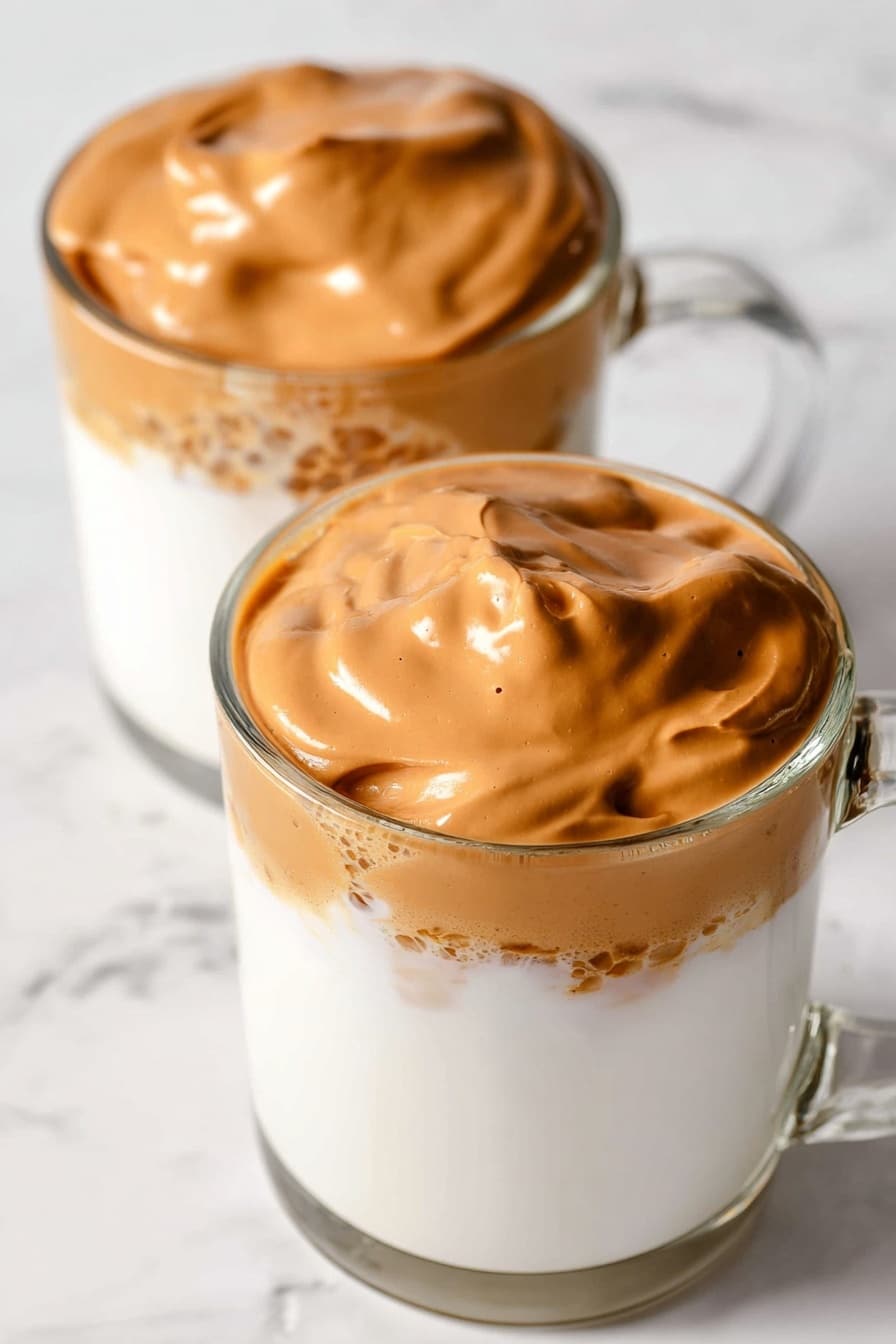 Two clear glass mugs are filled with a white cold milk base that reaches about three-quarters full. Each mug is topped with a thick, smooth, whipped light brown coffee layer that sits in soft peaks and swirls above the rim. The texture of the whipped coffee is creamy and airy, creating a contrast with the smooth milk underneath. Both mugs are set on a white marbled surface, with one mug slightly in front and closer to the camera, showing details of the coffee foam's glossy surface. photo taken with an iphone --ar 2:3 --v 7 - Vegan Dalgona Coffee, dairy-free whipped coffee, plant-based frothy coffee, vegan coffee drinks, easy vegan coffee recipe