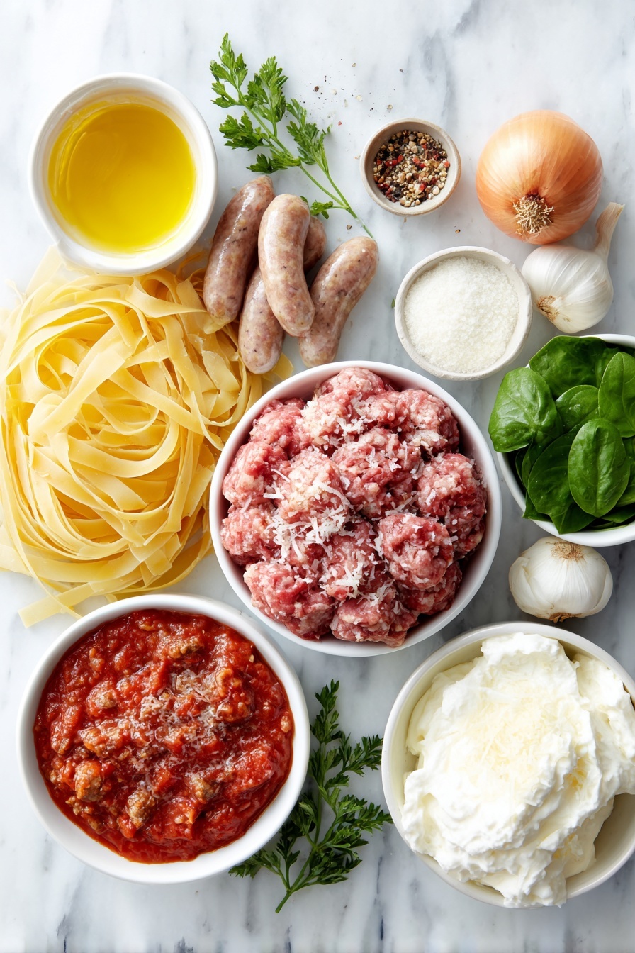 Flat lay of a small white ceramic bowl of golden olive oil, a medium yellow onion whole with skin, three plump garlic cloves unpeeled, fresh raw sweet Italian sausage links, a portion of raw lean ground beef formed into a neat mound, a small white ceramic bowl filled with rich red crushed tomatoes, another small white bowl with smooth tomato sauce, a third small white bowl holding thick tomato paste, a small heap of granulated white sugar, a tiny pile of dried Italian seasoning leaves, a small pile of dried basil leaves, a pinch of white table salt crystals, a small heap of ground black pepper, a small scattering of crushed red pepper flakes, dry Mafalda noodles arranged in a curved bundle, fresh vibrant green spinach leaves, shredded mozzarella cheese in a small white bowl, a round dollop of creamy whole milk ricotta cheese on a white plate, grated parmesan cheese piled in a small white bowl, a soft block of cream cheese on a white dish, and a few sprigs of finely chopped fresh parsley, all perfectly spaced with balanced symmetry, placed on a clean white marble surface, soft natural light, photo taken with an iPhone, professional food photography style, fresh ingredients, white ceramic bowls, no bottles, no duplicates, no utensils, no packaging --ar 2:3 --v 7 --p m7354615311229779997 - Hearty Lasagna Soup with Cheese, cheeseburger soup, Italian-inspired soup, comfort food recipes, easy lasagna soup