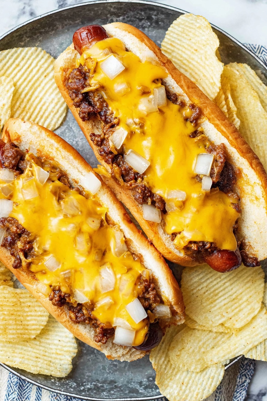 Two hot dogs are placed on a white plate with light ridges; each hot dog is in a soft bun. The bottom layer is a reddish sausage, topped with dark brown cooked ground meat mixed with small white onion pieces. Over this, there is a melted mix of bright yellow and white cheese covering most of the meat and bun. Around the plate are light yellow ridged potato chips scattered freely. In the background, there is a glass of light golden beer on a white marbled surface. Photo taken with an iphone --ar 2:3 --v 7 - Cincinnati Chili Dogs, Cincinnati-style chili hot dogs, chili dog recipe, easy Cincinnati chili dogs, Cincinnati hot dog toppings