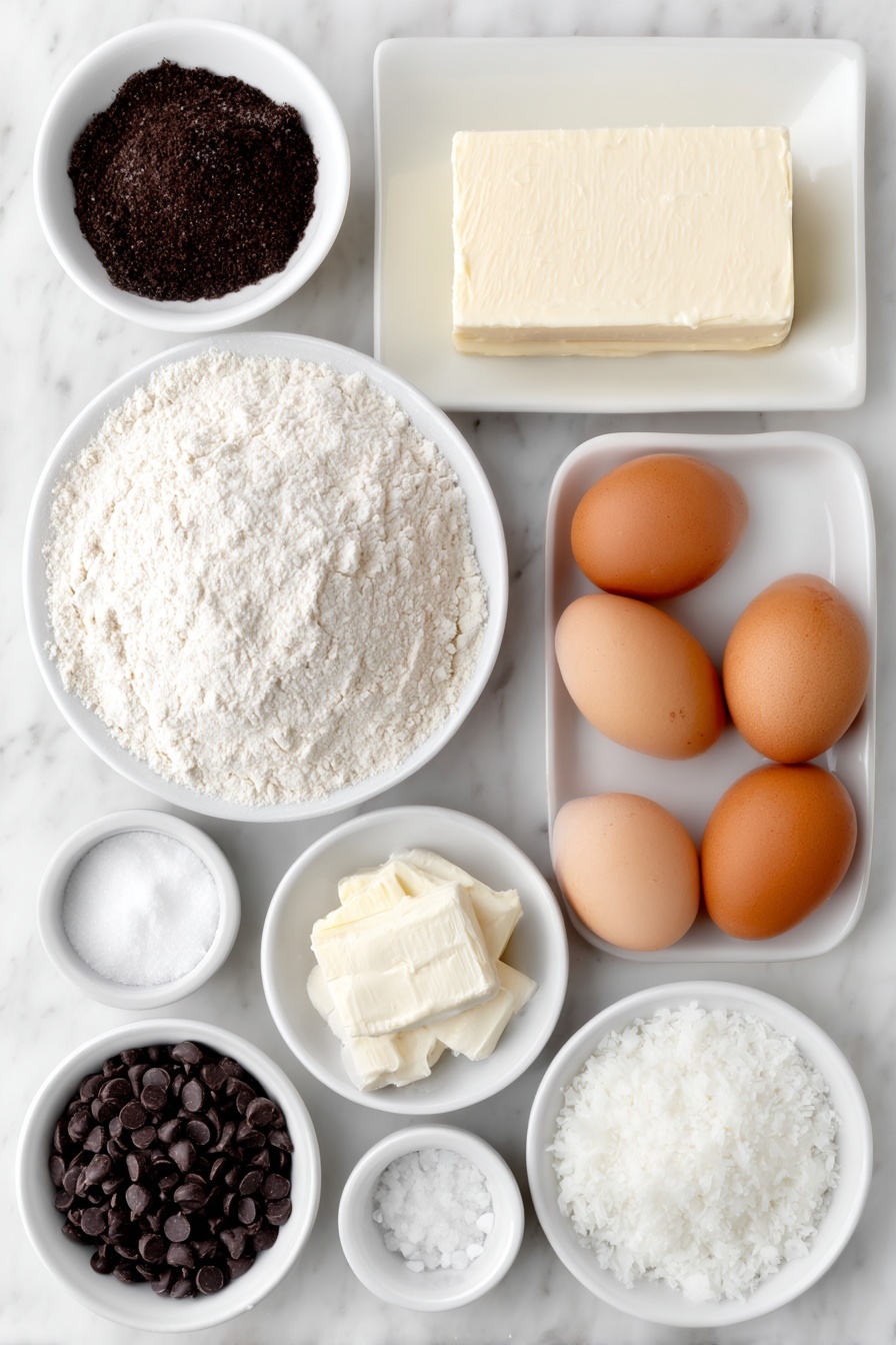 Flat lay of a small mound of all-purpose flour on a simple white ceramic plate, a small white bowl of fine sea salt, a small white bowl containing baking soda, another small white bowl with baking powder, two sticks of unsalted butter chilled but unwrapped, a small white bowl filled with dark brown sugar, a small white bowl filled with granulated sugar, two whole uncracked brown eggs, a small white bowl of vanilla extract, a small white bowl of semisweet chocolate chips, a block of softened cream cheese resting on a plain white plate, another small white bowl with granulated sugar, two more whole uncracked brown eggs, a small white bowl with vanilla extract, a small white bowl of fine sea salt, a small white bowl of additional semisweet chocolate chips, and a small white bowl with flaky sea salt flakes scattered inside, perfectly arranged in symmetry, placed on a clean white marble surface, soft natural light, photo taken with an iPhone, professional food photography style, fresh ingredients, white ceramic bowls, no bottles, no duplicates, no utensils, no packaging --ar 2:3 --v 7 --p m7354615311229779997 - Chocolate Chip Cookie Cheesecake Bars, dessert bars with cookies and cheesecake, easy cheesecake bar recipe, no-bake cheesecake bars, chewy cookie and cheesecake dessert