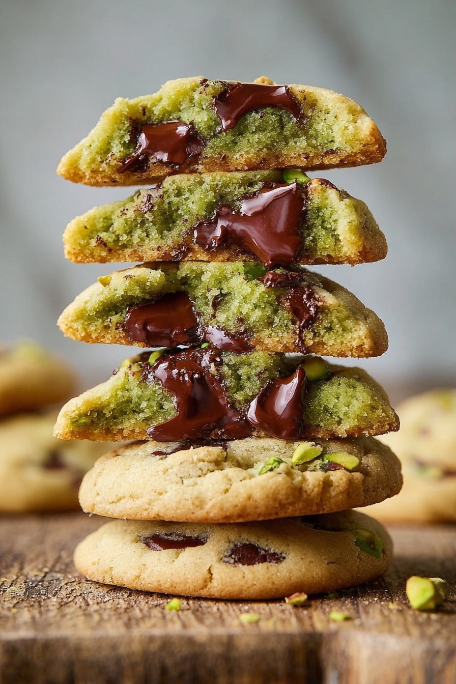 A stack of five cookies is shown on a rough wooden surface with a white marbled background. Each cookie is broken in half horizontally, revealing a soft green inside filled with dark melted chocolate chunks. The cookie edges are light golden brown and slightly crispy, while the inside looks moist and tender. Small pieces of pistachio nuts are visible in the green dough. The cookies are stacked unevenly, giving a homemade and fresh feel. Photo taken with an iphone --ar 2:3 --v 7 - Pistachio Cream Stuffed Chocolate Chip Cookies, pistachio cream cookies, chocolate chip cookies with pistachio filling, gourmet stuffed cookie recipe, easy pistachio dessert