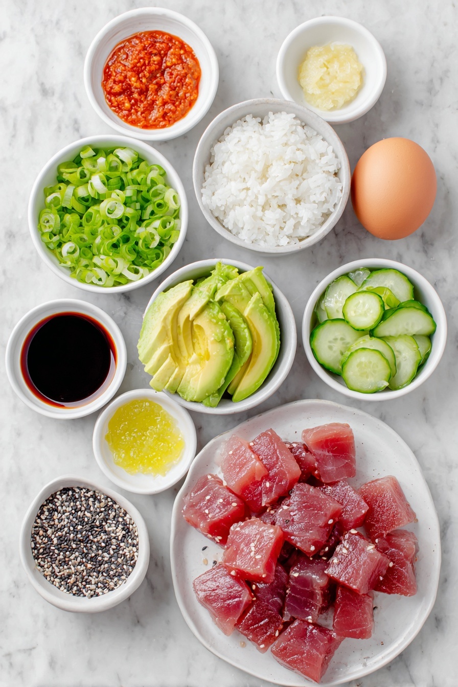 Flat lay of sushi grade tuna cut into 1/2-inch cubes, small white ceramic bowl of sliced scallions, small white ceramic bowl of reduced sodium soy sauce, small white ceramic bowl of sesame oil, whole uncracked brown eggs not included since not in ingredients, small white ceramic bowl of sriracha sauce, small white ceramic bowl of light mayonnaise, small white ceramic bowl of cooked short grain white rice, diced peeled Persian cucumbers in a small white ceramic bowl, sliced Hass avocado arranged on a simple white ceramic plate, small white ceramic bowl of black sesame seeds, arranged symmetrically and balanced, all fresh and natural, placed on a clean white marble surface, soft natural light, photo taken with an iPhone, professional food photography style, fresh ingredients, white ceramic bowls, no bottles, no duplicates, no utensils, no packaging --ar 2:3 --v 7 --p m7354615311229779997 - Spicy Tuna Poke Bowl, tuna poke bowl recipe, spicy seafood bowl, quick healthy poke, homemade poke bowl