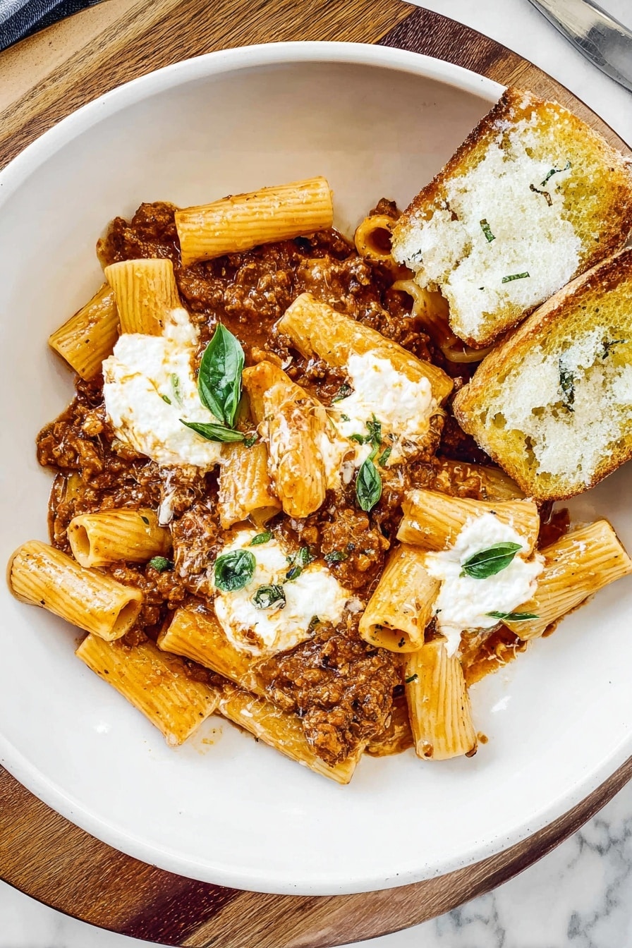 A white plate holds a serving of rigatoni pasta with a thick, reddish-brown meat sauce mixed throughout. The pasta is topped with dollops of creamy white ricotta cheese, which melts slightly into the sauce, giving a soft texture contrast. Small green basil leaves are scattered on top, adding a fresh touch of color. On the right side of the plate, there are two pieces of toasted bread coated with melted white cheese. The plate is set on a white marbled textured surface with a wooden serving board underneath. Photo taken with an iphone --ar 2:3 --v 7 - Easy Baked Ziti with Meat and Cheese, cheesy baked pasta, Italian-American pasta bake, hearty ground beef ziti, cheesy baked ziti recipe