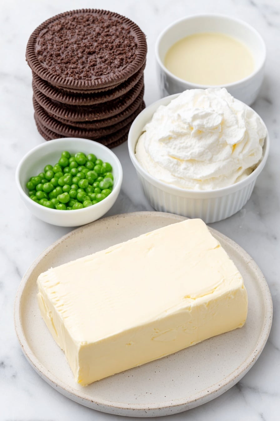 Flat lay of a soft block of cream cheese on a simple white ceramic plate, a small white bowl filled with thick sweetened condensed milk, a few drops of bright green food coloring arranged artfully on the side, a neat stack of glossy chocolate-covered mint cookies, another small white bowl holding fluffy white whipped topping, and a round chocolate crumb pie crust in simple white ceramic dish, all placed on a clean white marble surface, soft natural light, photo taken with an iPhone, professional food photography style, fresh ingredients, white ceramic bowls, no bottles, no duplicates, no utensils, no packaging --ar 2:3 --v 7 --p m7354615311229779997 - Mint Chocolate Pie, no-bake mint chocolate dessert, easy mint chocolate pie recipe, quick chocolate pie with mint, best mint chocolate pie