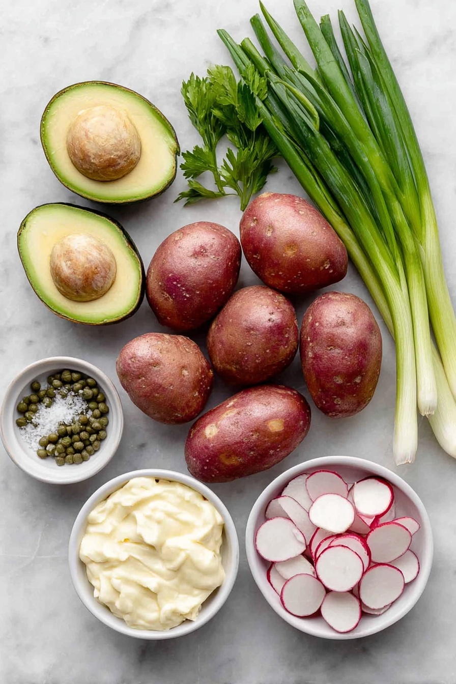 Flat lay of halved baby red potatoes with smooth red skin, fresh green onions with white and green stalks separated, two ripe avocados cut in half showing creamy green flesh and large pits, a small bunch of bright green parsley sprigs with delicate leaves, three slender tarragon sprigs with long pointed leaves, a small white bowl filled with creamy vegan mayonnaise, a small white bowl with shiny green capers, a small white bowl containing seasoned salt with visible herbs, a crisp pale green celery rib finely chopped, and thinly sliced radishes with white centers and pink edges arranged neatly, all placed on a clean white marble surface, soft natural light, photo taken with an iPhone, professional food photography style, fresh ingredients, white ceramic bowls, no bottles, no duplicates, no utensils, no packaging --ar 2:3 --v 7 --p m7354615311229779997 - Vegan Potato Salad with Avocado Dressing, vegan potato salad, avocado potato salad recipe, dairy-free potato salad, healthy vegan potato salad