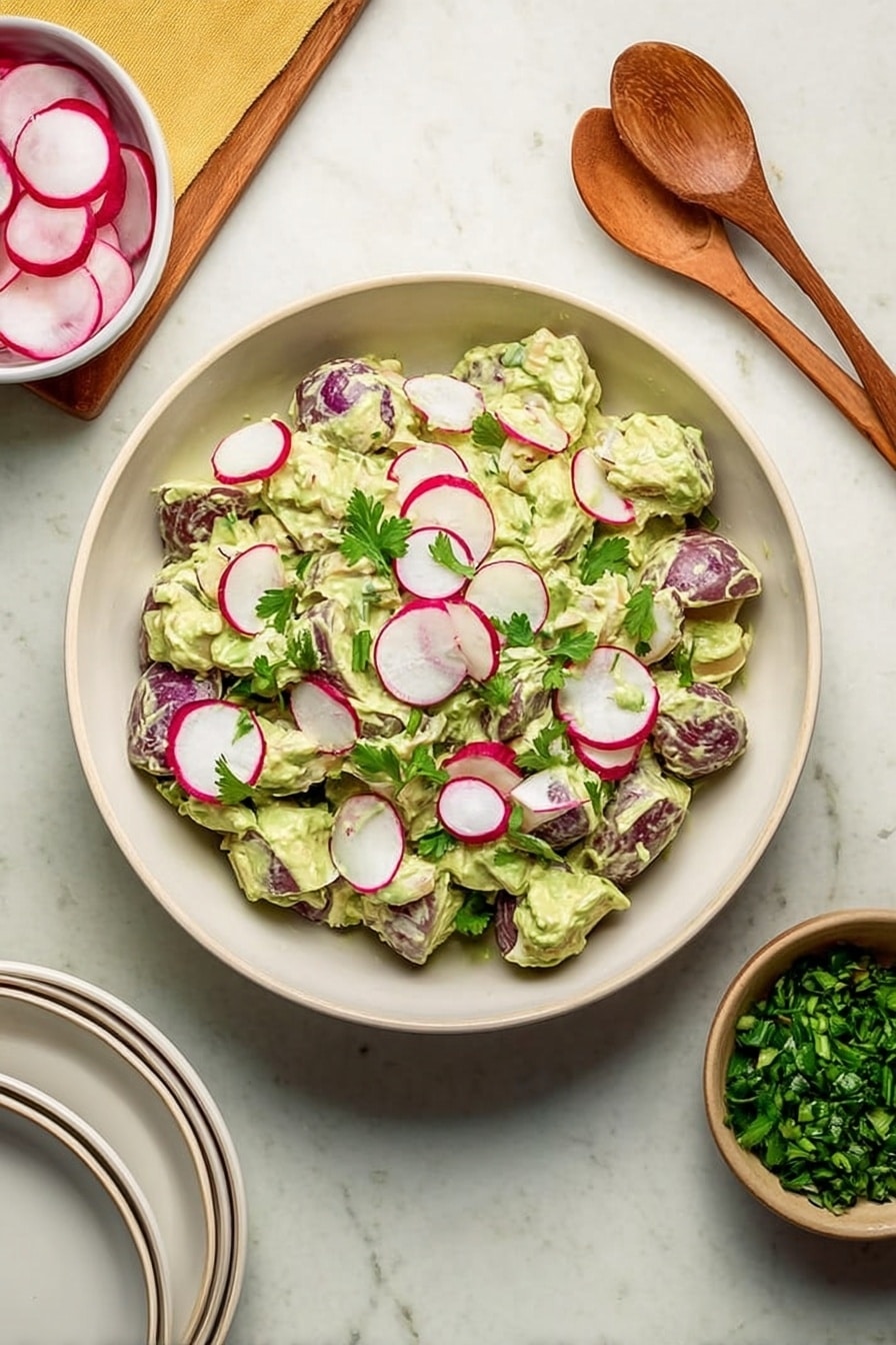 A large white bowl holds a salad made of light green creamy avocado dressing mixed with pieces of purple-red potato, giving a chunky texture. Thin slices of white radish with red edges are spread on top along with some fresh green parsley leaves, adding a fresh look. Around the main bowl, there is a smaller white bowl with more radish slices, a small white bowl filled with chopped green herbs, a wooden spoon, and some stacked white plates with forks on a white marbled surface. Photo taken with an iphone --ar 2:3 --v 7 - Vegan Potato Salad with Avocado Dressing, vegan potato salad, avocado potato salad recipe, dairy-free potato salad, healthy vegan potato salad