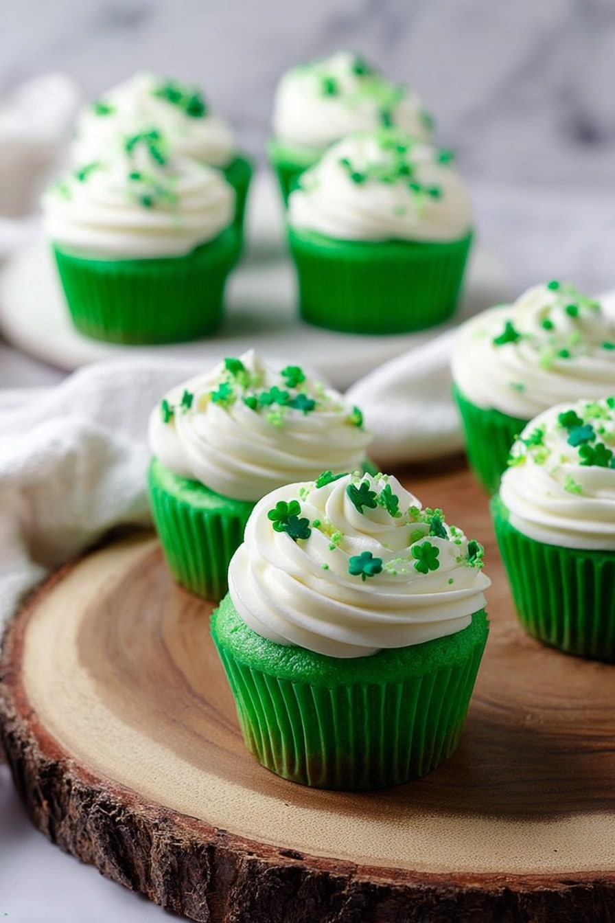The image shows several green cupcakes arranged on a wooden surface with a raw edge texture. Each cupcake has one layer of bright green cake inside a green paper liner. On top of each cupcake, there is a thick swirl of smooth, white frosting decorated with small green sprinkles shaped like clovers. In the background, some cupcakes are placed on a white marbled surface, and there is a white cloth visible as well. The scene has a clean, fresh look with soft lighting. photo taken with an iphone --ar 2:3 --v 7 - Green Velvet Cupcakes with Cream Cheese Frosting, vibrant green cupcakes, St. Patrick's Day cupcake recipe, moist green velvet cupcakes, easy cupcake with cream cheese frosting