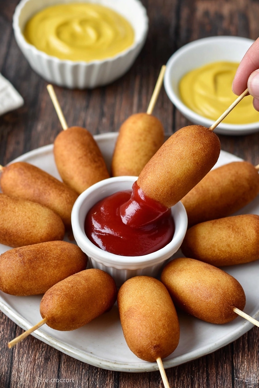 A white plate holds about nine golden-brown mini corn dogs, each on a light wooden stick. In the center of the plate is a small white cup filled with thick, shiny red ketchup, and one corn dog is partly dipped into the ketchup, held by a woman's hand. Behind the plate, there is another small white bowl filled with yellow mustard. The background shows a dark wooden table with a slightly rustic look. Photo taken with an iphone --ar 2:3 --v 7 - Homemade Mini Corn Dogs, mini corn dogs recipe, easy corn dogs, carnival snacks, party finger foods
