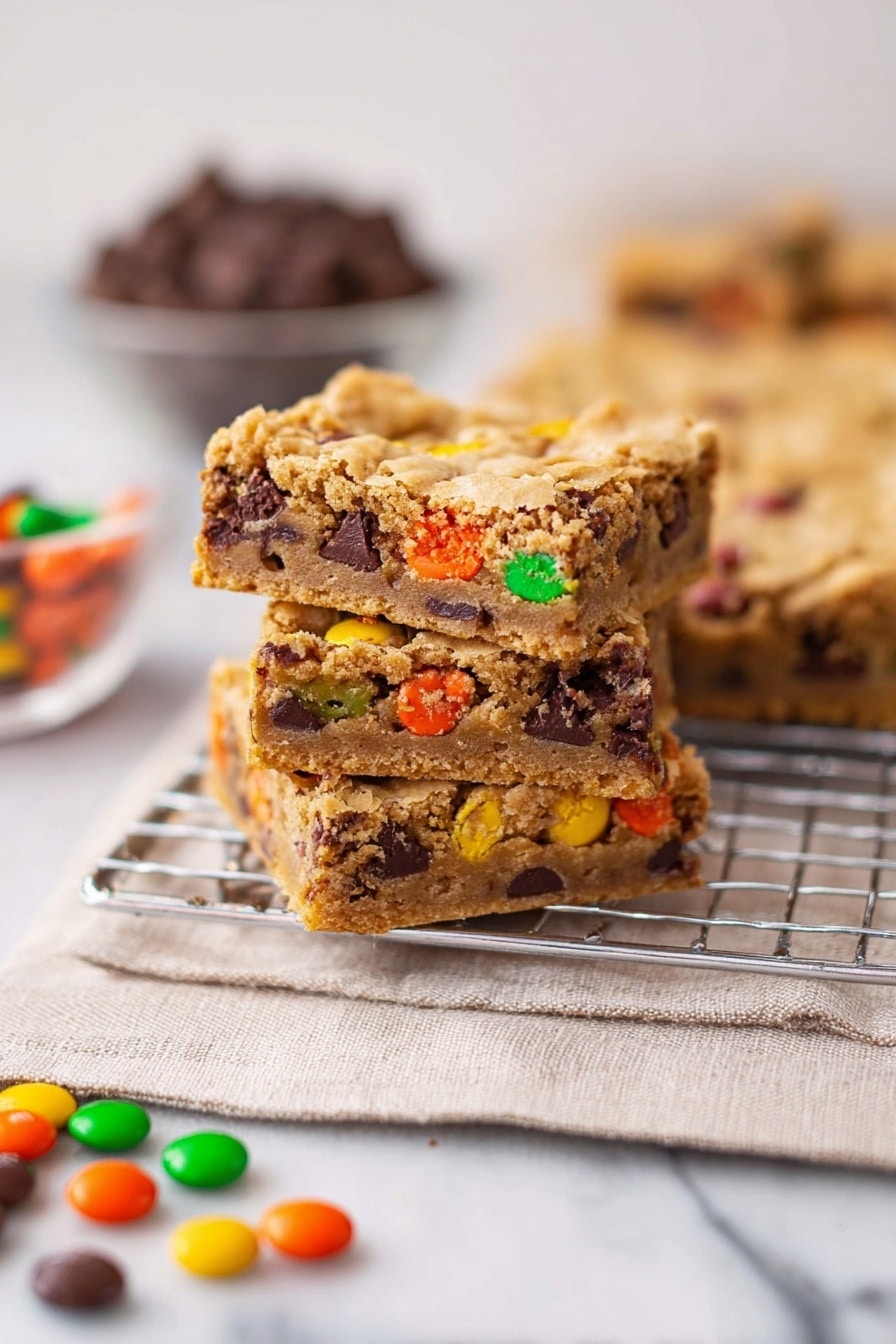 Three square cookie bars are stacked on a white metal cooling rack, placed on a beige cloth on a white marbled surface. Each bar has a light brown, soft textured dough filled with colorful candy pieces in orange, yellow, green, and red along with dark chocolate chunks, visible fully inside each layer. The top layer is crumbly and slightly cracked, showing the interior filled with candies. In the background, more cookie bars are blurred out, alongside a bowl filled with dark chocolate pieces. Bright candy pieces in red, yellow, orange, brown, and green are scattered in front on the white marbled surface. photo taken with an iphone --ar 2:3 --v 7 - M&M Cookie Bars, M&M Cookie Bars Recipe, colorful cookie bars, easy no-bake cookie bars, chocolate chip and M&M bars