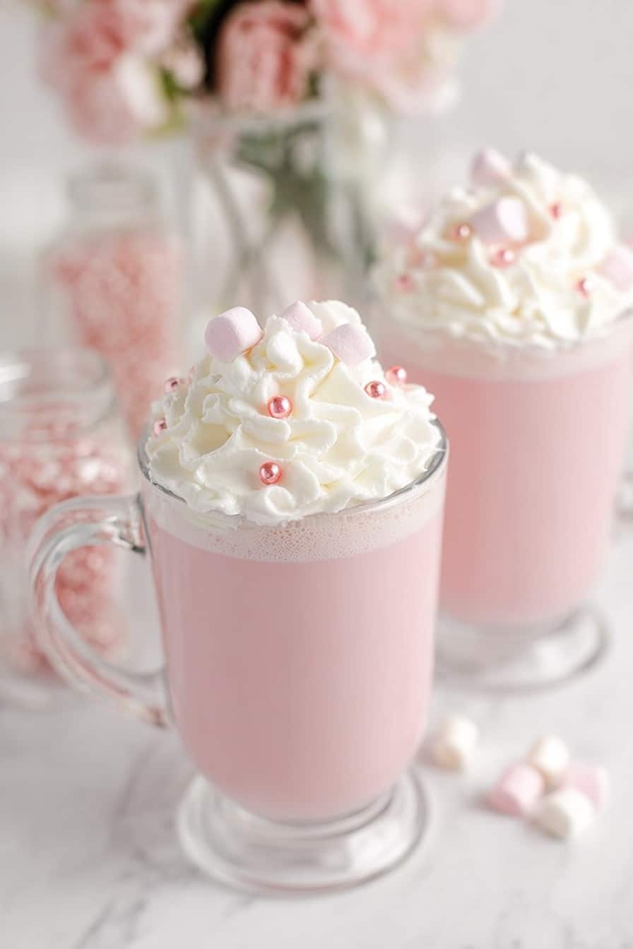 Two clear glass mugs filled with a smooth light pink drink sit on a white marbled surface. Each mug is topped with a thick swirl of white whipped cream, decorated with small white marshmallows and shiny pink sugar pearls evenly scattered on the cream. In the background, there is a soft focus pink flower arrangement in a glass jar, adding a gentle touch of color. The overall look is soft, creamy, and inviting with a clean and bright aesthetic photo taken with an iphone --ar 2:3 --v 7 - Pink White Hot Chocolate, pink hot chocolate recipe, white hot chocolate, festive hot chocolate, cozy winter drinks