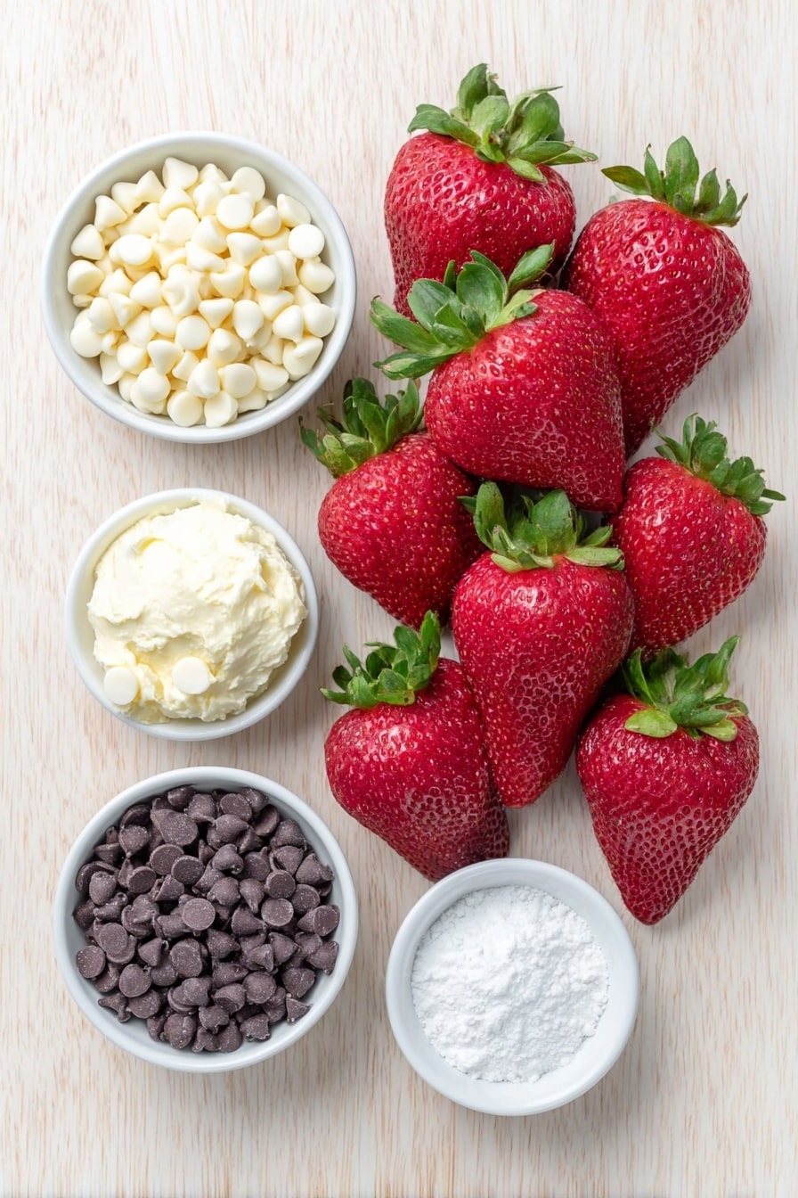 Flat lay of fresh whole strawberries with vibrant red color and green leaves, a small white ceramic bowl filled with smooth white chocolate chips, a larger white ceramic bowl of creamy softened cream cheese, a small white ceramic bowl containing fine white powdered sugar, a small white ceramic bowl holding glossy semi-sweet chocolate chips, and a small white ceramic bowl with clear coconut oil, all arranged in perfect symmetry on a clean white marble surface, soft natural light, photo taken with an iPhone, professional food photography style, fresh ingredients, white ceramic bowls, no bottles, no duplicates, no utensils, no packaging --ar 2:3 --v 7 --p m7354615311229779997 - Strawberry White Chocolate Truffles, strawberry dessert recipes, easy fruit truffles, white chocolate confections, homemade chocolate truffles