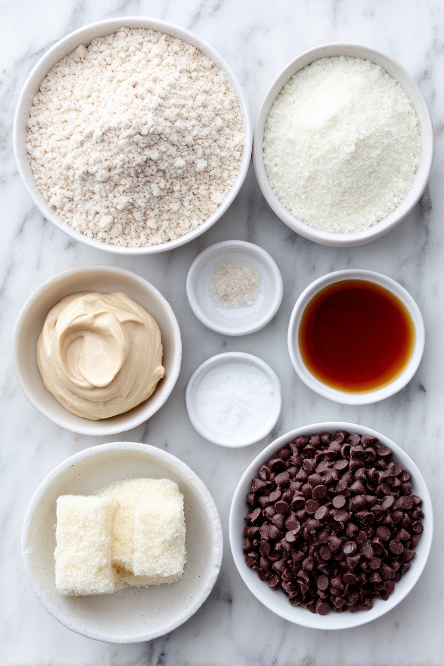 Flat lay of a small mound of fine almond flour, a neat pile of plain vanilla protein powder, a smooth dollop of creamy SunButter, a small white ceramic bowl filled with amber maple syrup, a tiny white bowl with clear vanilla extract, a pinch of coarse salt scattered gently, a small white bowl of pale almond milk, a white ceramic bowl brimming with mini chocolate chips, and a small blob of solid coconut oil placed on a clean white marble surface, soft natural light, photo taken with an iPhone, professional food photography style, fresh ingredients, white ceramic bowls, no bottles, no duplicates, no utensils, no packaging --ar 2:3 --v 7 --p m7354615311229779997 - Healthy Protein Cookie Dough Bark, healthy protein snacks, guilt-free cookie dough treats, quick healthy dessert, high-protein sweet bites