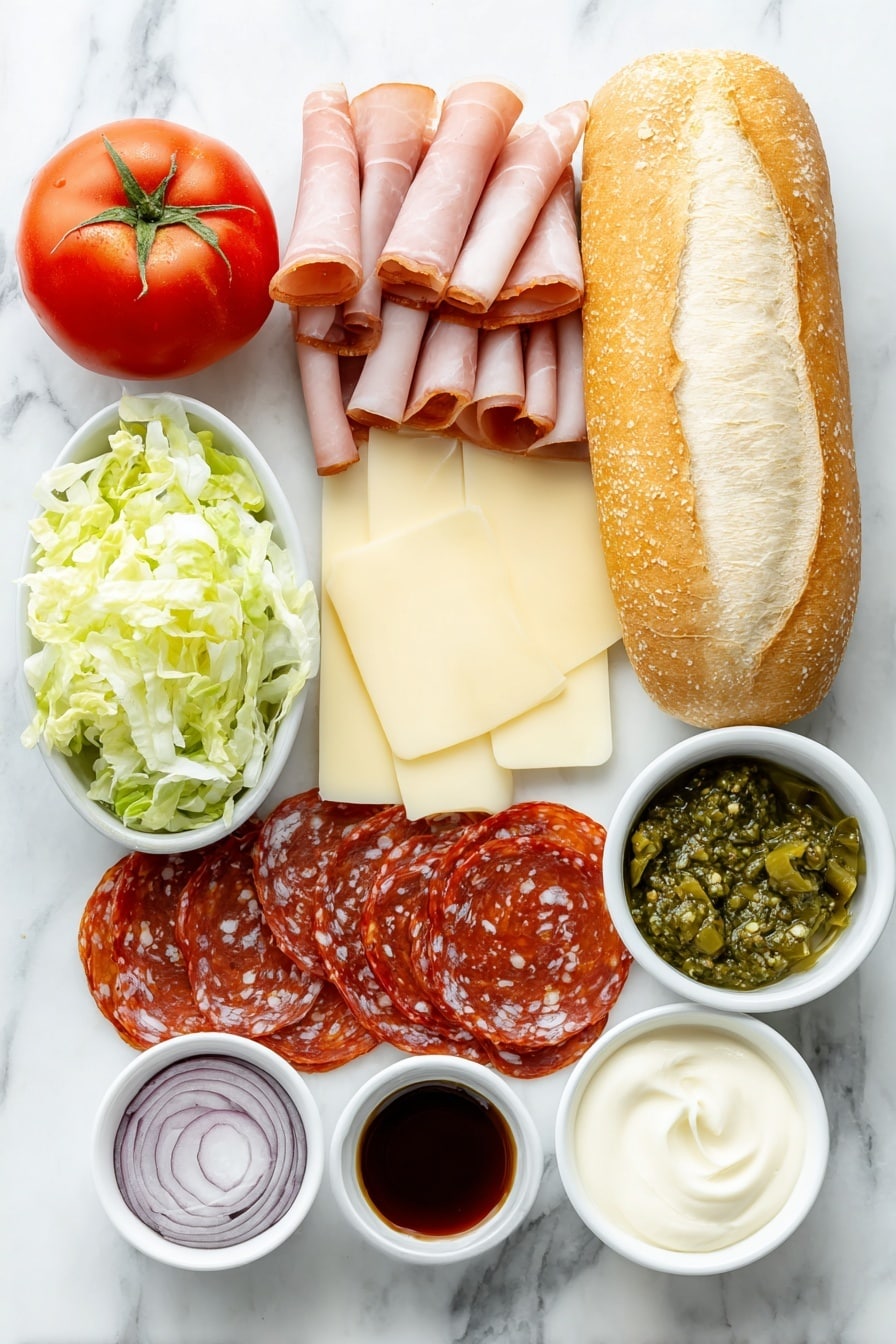 Flat lay of a sliced Roma tomato with bright red flesh and seeds, thinly sliced half of a small red onion showing translucent purple rings, several slices of Black Forest ham with marbled pink and white texture, thin slices of pale yellow provolone cheese, a few slices of reddish Genoa salami with white fat specks, thin slices of deep red hot soppressata pepperoni, a small pile of shredded fresh romaine lettuce with crisp green leaves, a few slices of glossy roasted red peppers, a handful of sliced green peperoncini peppers, a small white ceramic bowl filled with creamy pale mayonnaise, another small white bowl with vibrant green homemade pesto, a third small white bowl containing deep red wine vinegar, a scattering of coarse kosher salt crystals and freshly ground black peppercorns next to a halved toasted 10-inch ciabatta roll showing its airy crumb, all arranged in perfect symmetry with balanced proportions on a clean white marble surface, soft natural light, photo taken with an iPhone, professional food photography style, fresh ingredients, white ceramic bowls, no bottles, no duplicates, no utensils, no packaging --ar 2:3 --v 7 --p m7354615311229779997 - Italian Meat and Cheese Chopped Sandwich, Italian deli sandwich, easy Italian sandwich recipe, quick lunch sandwich, flavorful sandwich ideas