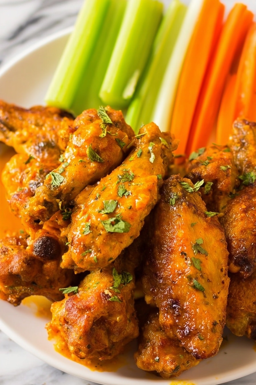 A white plate filled with golden-brown chicken wings coated in a rich, orange sauce with visible herbs sprinkled on top. Behind the wings, there are fresh, crisp sticks of bright green celery and vibrant orange carrots standing upright, adding a fresh contrast to the warm chicken. The plate sits on a white marbled surface, and the textures show a mix of crispy and saucy layers on the wings. photo taken with an iphone --ar 2:3 --v 7 - Buffalo Ranch Chicken Wings, slow cooker chicken wings, easy wing recipes, spicy ranch chicken wings, game day chicken wings