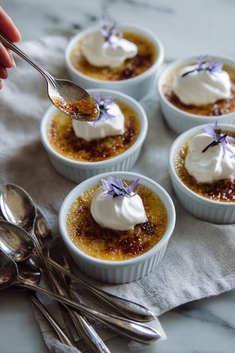 The image shows five small white oval dishes filled with a caramelized golden brown dessert that has a crisp top layer. Each dessert has a dollop of white whipped cream on top, with a few purple flower petals as a garnish. The dishes are placed closely on a light cloth that rests on a white marbled surface. Three silver spoons are placed in front of the dishes, and a woman's hand holding one spoon is visible at the top left corner, ready to scoop the dessert. The lighting is soft and natural, highlighting the texture of the caramelized surface and the smooth whipped cream. photo taken with an iphone --ar 2:3 --v 7 - Lavender Creme Brulee, French dessert with lavender, floral creme brulee, homemade lavender custard, elegant dessert recipes