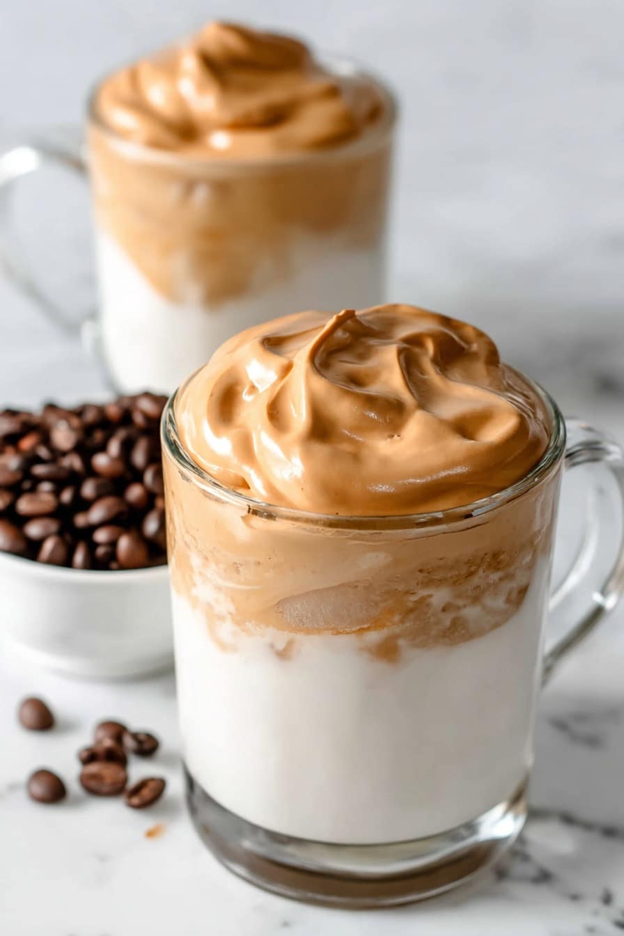 The image shows two clear glass mugs filled mostly with white milk at the bottom layer, topped with a thick, whipped light brown coffee foam layer on top that looks smooth and creamy with swirled peaks. In the background, there is a small white bowl filled with dark brown coffee beans, all placed on a white marbled surface. photo taken with an iphone --ar 2:3 --v 7 - Vegan Dalgona Coffee, dairy-free whipped coffee, plant-based frothy coffee, vegan coffee drinks, easy vegan coffee recipe