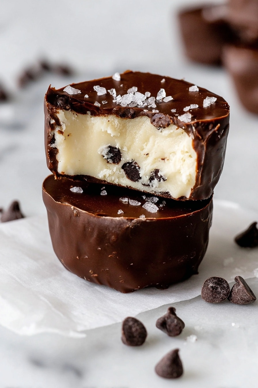 The image shows a small stacked treat with two layers; the bottom layer is a smooth dark chocolate coating with a slightly uneven texture, and the top layer is a thick creamy white filling with small dark chocolate chips inside. The top layer is partially bitten, revealing the inside texture, and sprinkled with coarse salt crystals on the glossy chocolate surface. Around the treats, there are a few scattered chocolate chips resting on white parchment paper that is placed on a white marbled surface. photo taken with an iphone --ar 2:3 --v 7 - Protein Chocolate Cookie Dough Bites, healthy cookie dough snacks, no-bake protein treats, guilt-free dessert bites, nutritious chocolate protein snacks
