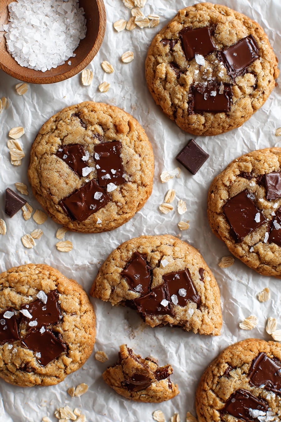 The image shows six golden-brown chocolate chip cookies arranged on crinkled white parchment paper over a white marbled surface. Each cookie has a rough round shape with a soft, slightly cracked texture and is embedded with large, shiny dark brown chocolate chunks that look melted and rich. Some cookies are topped with small white flakes of sea salt. One cookie at the bottom right is broken with a bite taken from it, revealing its chewy inside with visible chocolate. On the top left corner, there is a small wooden bowl filled with coarse white sea salt. Scattered oats and cookie crumbs surround the cookies. Photo taken with an iphone --ar 2:3 --v 7 - Coffee Tahini Chocolate Chunk Oatmeal Cookies, oatmeal cookie recipes with coffee and tahini, chewy chocolate oat cookies, how to make tahini oatmeal cookies, coffee flavor desserts