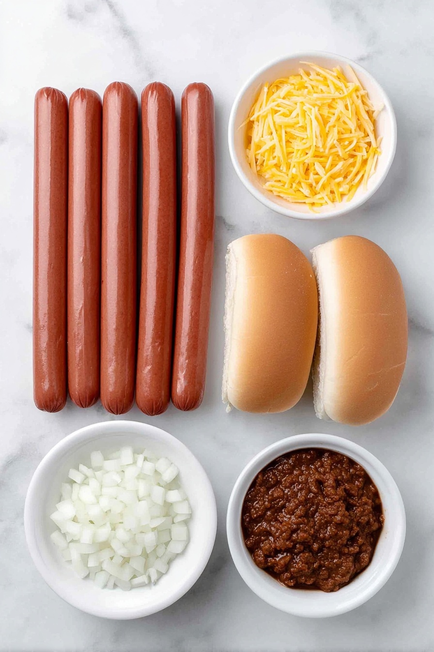Flat lay of six uncooked hot dogs with smooth reddish-brown skins, six soft golden hot dog buns, a small white bowl of rich dark brown Cincinnati chili, a small white bowl filled with bright orange shredded cheddar cheese, a small white bowl containing finely chopped white onions, a small white bowl of vibrant yellow mustard, all arranged in perfect symmetry on a clean white marble surface, soft natural light, photo taken with an iPhone, professional food photography style, fresh ingredients, white ceramic bowls, no bottles, no duplicates, no utensils, no packaging --ar 2:3 --v 7 --p m7354615311229779997 - Cincinnati Chili Dogs, Cincinnati-style chili hot dogs, chili dog recipe, easy Cincinnati chili dogs, Cincinnati hot dog toppings