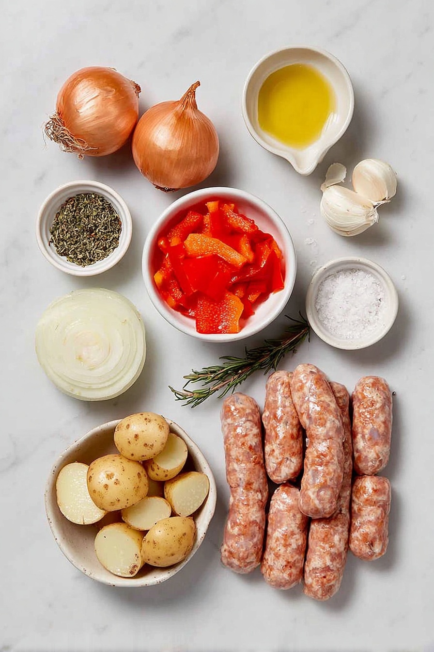 Flat lay of fresh halved baby potatoes, two large peeled onion wedges, two chopped red bell peppers, six whole garlic cloves, a small white ceramic bowl of olive oil, a small white ceramic bowl of dried thyme, a small white ceramic bowl of dried basil, a small white ceramic bowl of dried rosemary, a small white ceramic bowl of salt, a small white ceramic bowl of freshly ground black pepper, twelve whole uncracked sweet Italian sausages, and a small white ceramic bowl of dry white wine, all arranged symmetrically and proportionally on a clean white marble surface, soft natural light, photo taken with an iPhone, professional food photography style, fresh ingredients, white ceramic bowls, no bottles, no duplicates, no utensils, no packaging --ar 2:3 --v 7 --p m7354615311229779997 - Oven Roasted Sausage and Potatoes, roasted sausage and potatoes, easy sheet pan dinner, comforting family meals, quick weeknight dinner