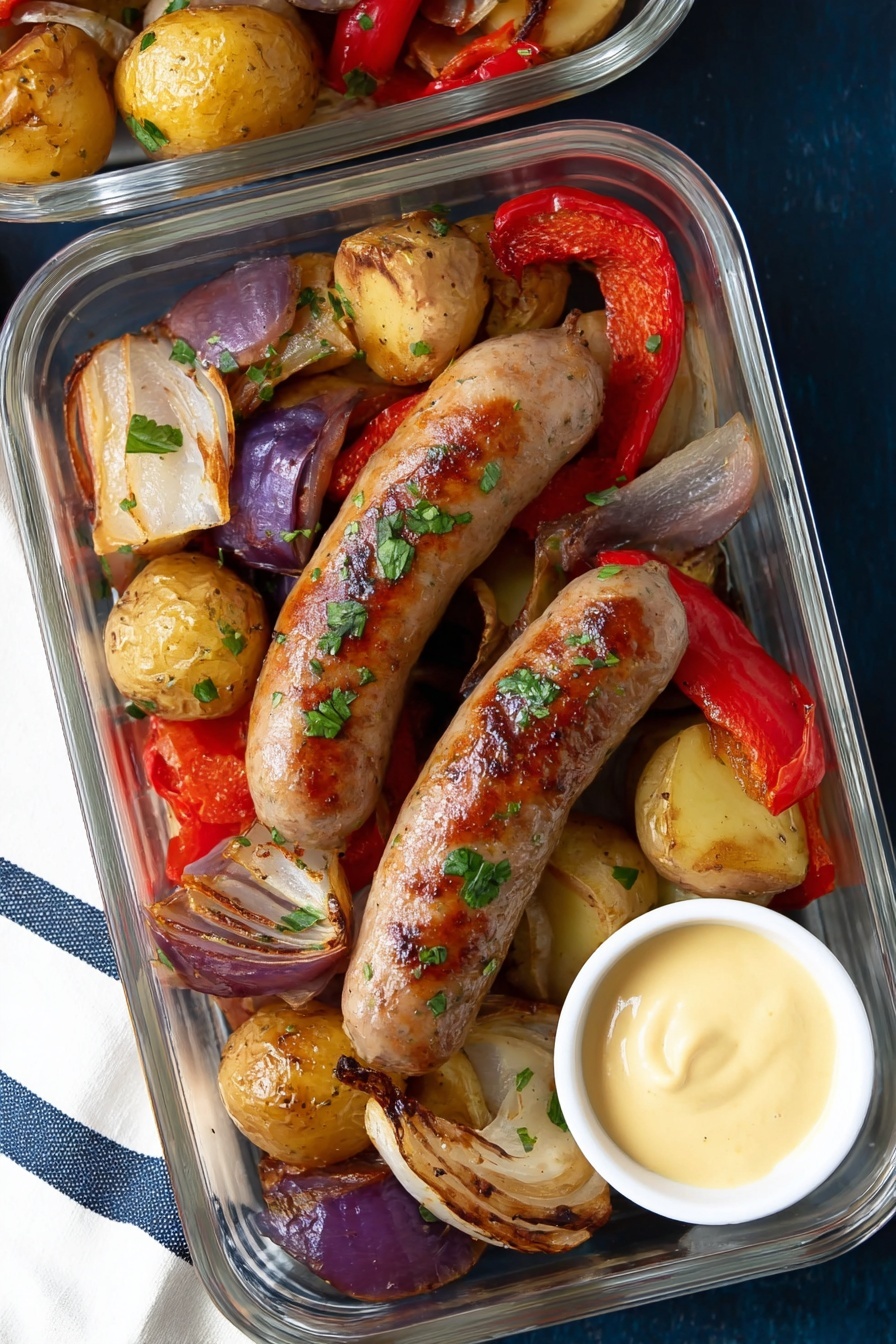The image shows a white rectangular glass container filled with two grilled sausages placed on top. Underneath the sausages, there are several golden roasted small potatoes, soft cooked white and purple onion pieces, and chunks of roasted red pepper. A small white round container with creamy pale yellow mustard sauce is placed near the bottom right inside the glass container. The sausages have a slightly browned texture with some green herbs sprinkled on top. The background features a dark blue surface and a white cloth with navy stripes nearby. Photo taken with an iphone --ar 2:3 --v 7 - Oven Roasted Sausage and Potatoes, roasted sausage and potatoes, easy sheet pan dinner, comforting family meals, quick weeknight dinner