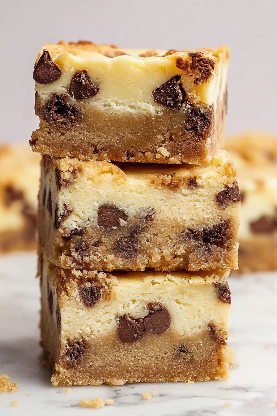 Three square bars are stacked vertically, each showing two layers: a bottom layer of soft, light brown cookie dough dotted with dark chocolate chips, and a creamy, pale yellow cheesecake-like layer on top. The cookie dough layer has a crumbly, textured surface with scattered chocolate chips embedded throughout, while the cheesecake layer appears smooth and dense. The bars have rough edges and a slightly browned top, with some chocolate chips slightly peeking above the surface. The stack is set on a white marbled surface with some crumbs around it. photo taken with an iphone --ar 2:3 --v 7 - Chocolate Chip Cookie Cheesecake Bars, dessert bars with cookies and cheesecake, easy cheesecake bar recipe, no-bake cheesecake bars, chewy cookie and cheesecake dessert