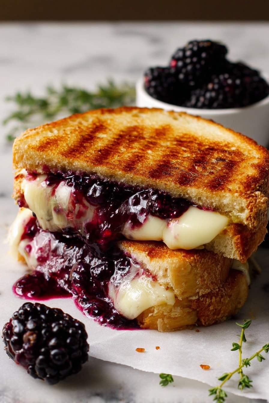 A close-up of a grilled sandwich made of two thick slices of golden brown toasted bread with a crispy texture and visible grill marks on top. Between the bread layers, there is a melting white cheese that oozes out, mixing with a deep purple-black blackberry jam that is dripping slightly onto the white marbled surface below. In the background, there is a small white bowl filled with fresh blackberries and a few green herb sprigs, all set on a white marbled texture surface. photo taken with an iphone --ar 2:3 --v 7 - Blackberry Balsamic Brie Grilled Cheese, Blackberry Balsamic Jam, Brie Sandwich, Gourmet Grilled Cheese, Sweet and Savory Sandwich
