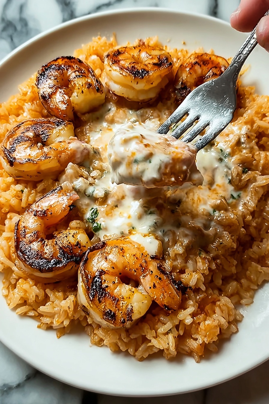 The image shows a close-up of a white plate with a layer of cooked rice that looks soft and slightly saucy, colored light orange with some darker spots. On top of the rice sits a layer of eight medium-sized shrimp, grilled with golden brown and some charred black marks on the edges, arranged in a circular way around the plate's center. A fork held by a woman's hand is lifting a piece of shrimp covered in creamy white sauce, which looks thick and smooth, with some orange tint from the rice and spices. The background is a white marbled surface. Photo taken with an iphone --ar 2:3 --v 7 - Cheesy Chicken and Shrimp Arroz Con Pollo, chicken and shrimp rice skillet, cheesy seafood chicken casserole, flavorful arroz con pollo with cheese, easy chicken seafood dinner