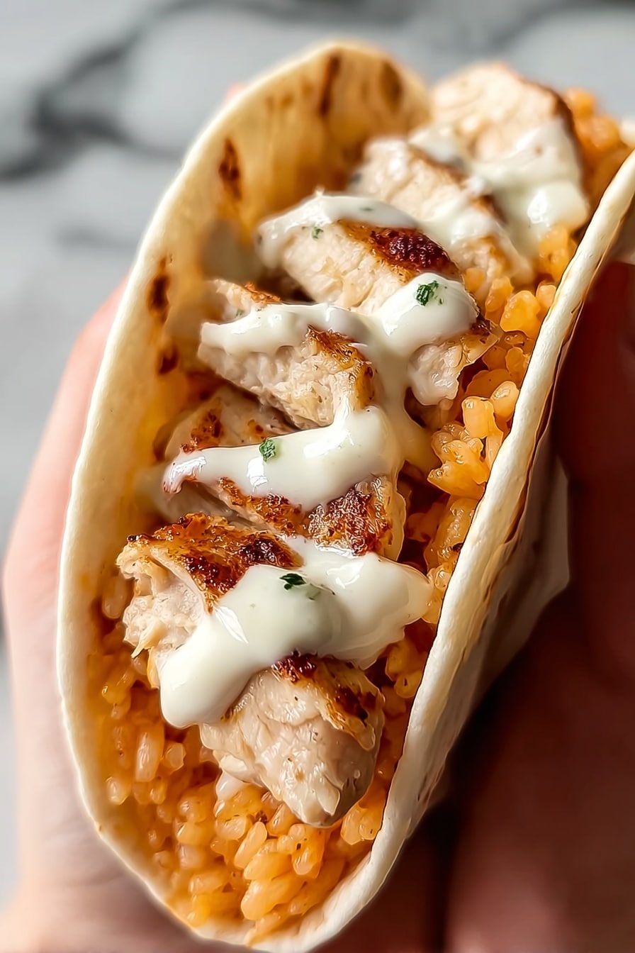 A close-up image shows a small soft white tortilla folded to hold three layers: a bottom layer of orange rice with a fluffy texture, a middle layer of light brown grilled chicken pieces with some charred edges, and a top layer of creamy white sauce drizzled unevenly over the chicken. A woman's hand holds the tortilla against a white marbled background. Photo taken with an iphone --ar 2:3 --v 7 - Cheesy Chicken and Shrimp Arroz Con Pollo, chicken and shrimp rice skillet, cheesy seafood chicken casserole, flavorful arroz con pollo with cheese, easy chicken seafood dinner