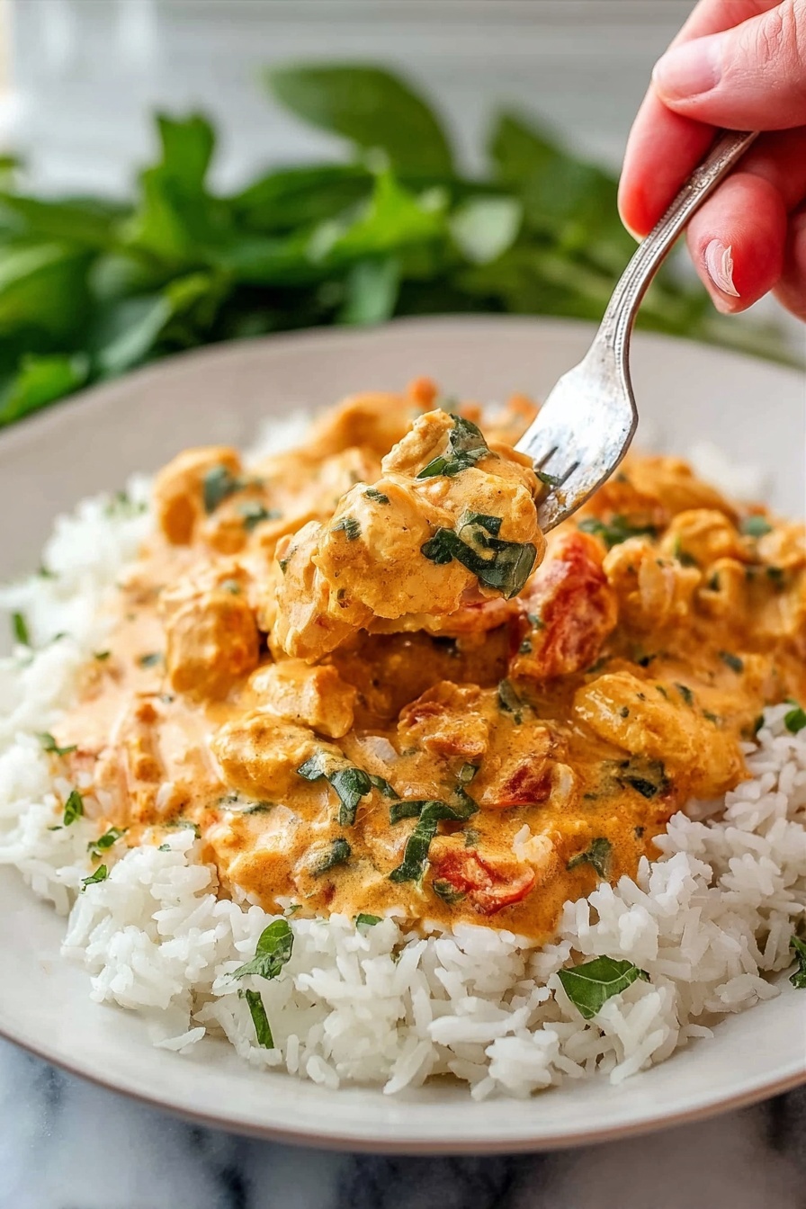A white plate holds a bed of fluffy white rice scattered with small green chopped herbs. On top of the rice is a thick, creamy orange sauce with visible chunks of cooked chicken and streaks of red from tomato pieces. The sauce looks smooth and rich, with finely chopped green herbs mixed in. A woman's hand holds a silver fork lifting a portion of the sauced chicken and rice, showing the creamy texture and tender chunks. The background is a white marbled surface with blurred green leaves, adding a fresh contrast. photo taken with an iphone --ar 2:3 --v 7 - Creamy Coconut Shrimp Curry, coconut shrimp curry recipe, easy shrimp curry, quick coconut curry, flavorful seafood curry