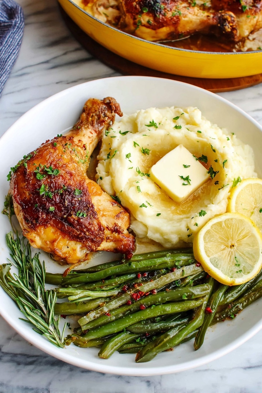 The dish is shown on a white round plate with three main parts. The bottom left has one crispy cooked chicken leg with golden brown skin and some green herbs sprinkled on top. On the right side of the plate, there is a serving of green beans with some small bits of red seasoning. At the top center, there is a large scoop of creamy mashed potatoes with a square piece of butter melting on it, topped with chopped green herbs. Two lemon wedges sit on the edge of the plate near the mashed potatoes. The plate rests on a white marbled surface. In the background, part of a yellow pan with cooked chicken legs and some green herbs are visible. Photo taken with an iphone --ar 2:3 --v 7 - Crispy Baked Chicken Legs with Herbs, Juicy baked chicken thighs, Easy baked chicken recipes, Herbed chicken dinner, Healthy baked chicken ideas