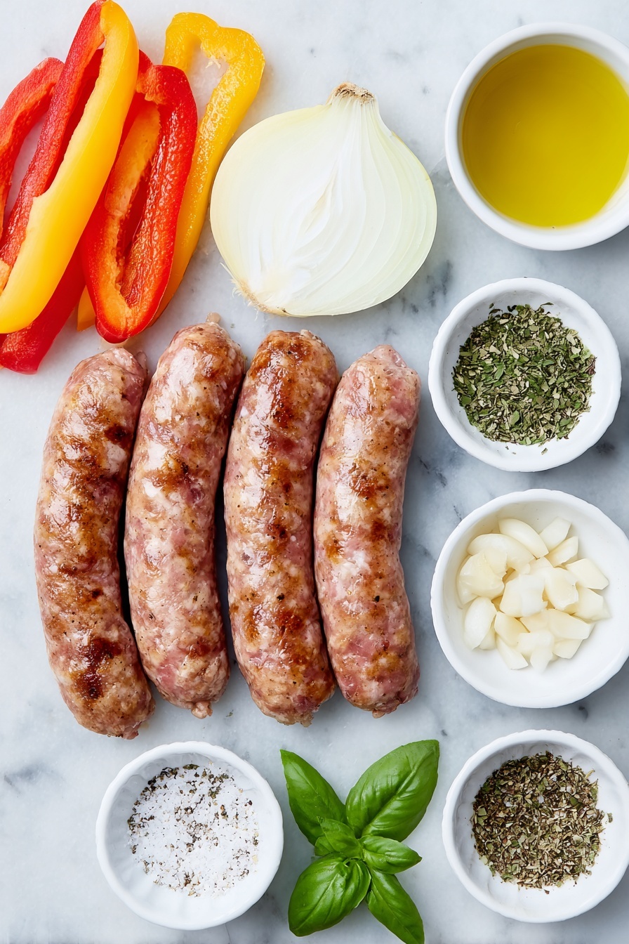 Flat lay of Italian sausage links with golden-brown casing, three medium bell peppers sliced into colorful strips (red, yellow, and green), a large onion sliced into half rings, three garlic cloves minced in a small white ceramic bowl, a small white bowl of rich golden olive oil, a small white bowl containing dried oregano, a small white bowl containing dried basil, a small white bowl with coarse salt, a small white bowl with cracked black pepper, and four fresh hoagie rolls split lengthwise, all arranged symmetrically on a clean white marble surface, soft natural light, photo taken with an iPhone, professional food photography style, fresh ingredients, white ceramic bowls, no bottles, no duplicates, no utensils, no packaging --ar 2:3 --v 7 --p m7354615311229779997 - Sausage Peppers and Onions Stir-Fry, flavorful sausage stir-fry with peppers and onions, quick sausage skillet meal, easy one-pan sausage dinner, hearty sausage vegetable stir-fry