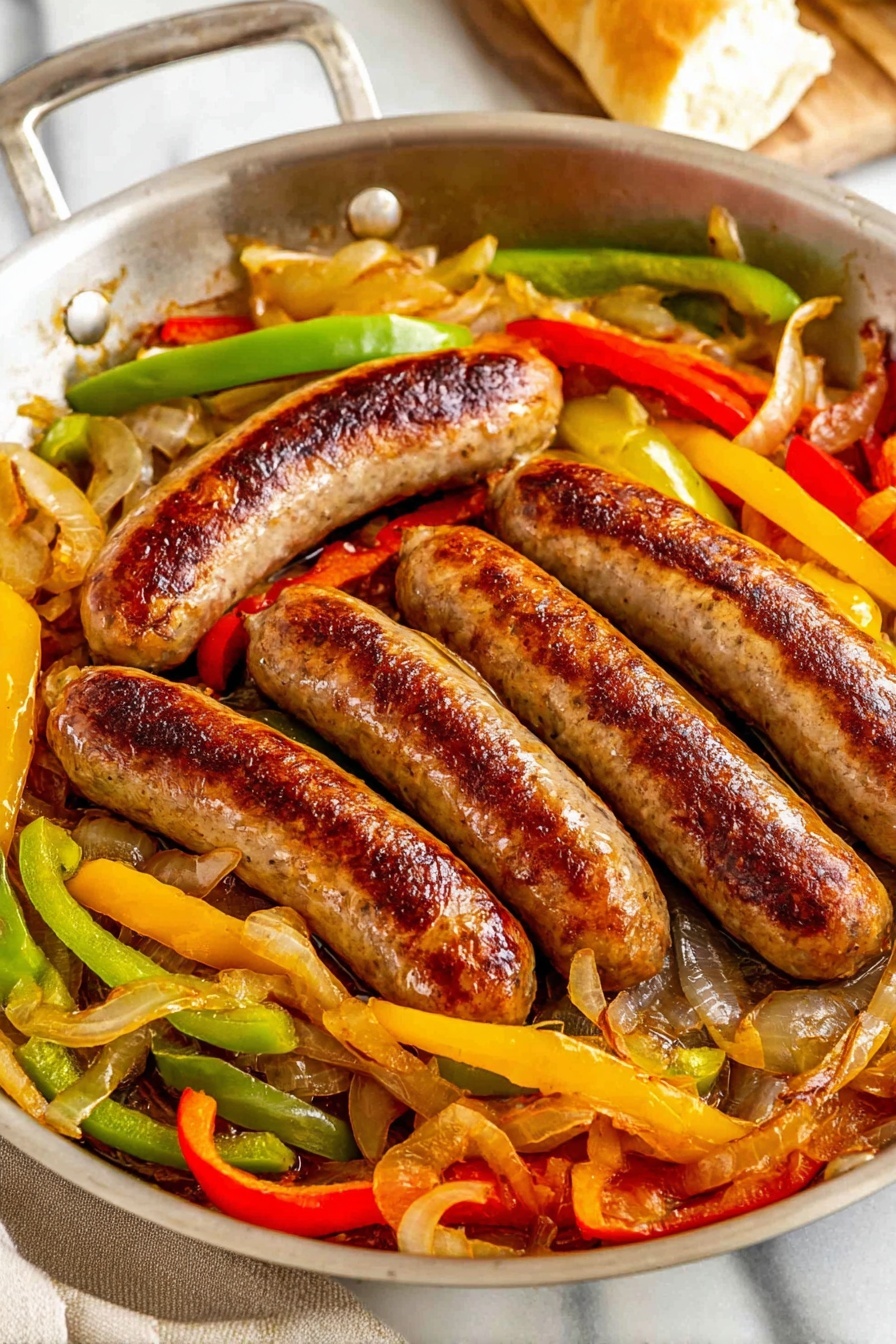 The image shows a metal pan filled with five cooked sausages placed on top of a bed of sautéed sliced bell peppers and onions. The peppers are red, green, and yellow, mixed with translucent caramelized onions, creating a colorful base with a soft texture. The sausages have a browned, crispy outer layer with a rich golden-brown color, rested evenly across the top. The pan sits on a white marbled surface with a light cloth and some bread rolls in the blurred background. Photo taken with an iphone --ar 2:3 --v 7 - Sausage Peppers and Onions Stir-Fry, flavorful sausage stir-fry with peppers and onions, quick sausage skillet meal, easy one-pan sausage dinner, hearty sausage vegetable stir-fry