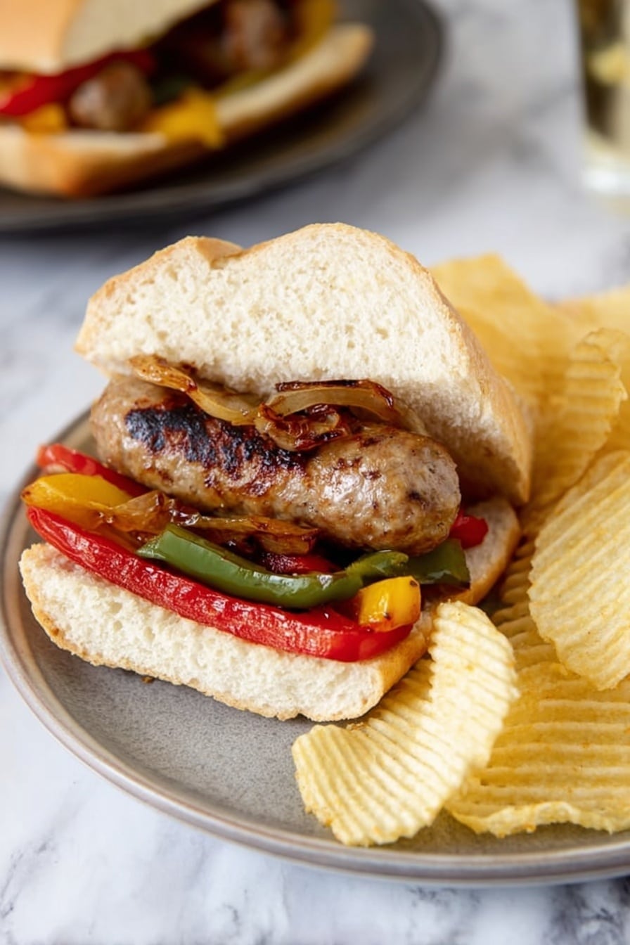 A grilled sausage sandwich is in the center on a white plate with a side of ridged potato chips. The sandwich has three main layers inside a soft white sub-style bread. The bottom layer shows red and green grilled peppers that add bright color. Above the peppers is a thick grilled sausage link with a browned, slightly charred texture. On top of the sausage, thin grilled onion slices add a caramelized golden-brown color. The sandwich is cut partially open, resting on the plate with scattered ridged potato chips in light golden yellow. The background is a white marbled surface with another similar plate blurred out in the top left. photo taken with an iphone --ar 2:3 --v 7 - Sausage Peppers and Onions Stir-Fry, flavorful sausage stir-fry with peppers and onions, quick sausage skillet meal, easy one-pan sausage dinner, hearty sausage vegetable stir-fry