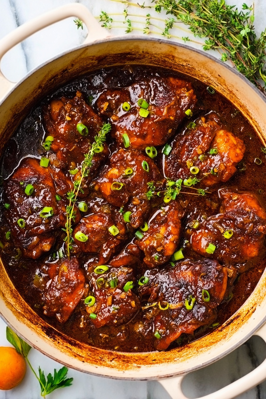 A white round pot filled with dark brown chicken stew, showing about twelve pieces of chicken covered in thick shiny sauce, scattered with chopped green onions on top for color. The edges of the pot show some cooked sauce stains. The pot is set on a white marbled surface with some green herbs and a small orange object visible around it. Photo taken with an iphone --ar 2:3 --v 7 - Flavorful Oxtail Stew, hearty oxtail stew, easy oxtail recipes, savory beef stew, comfort food recipes