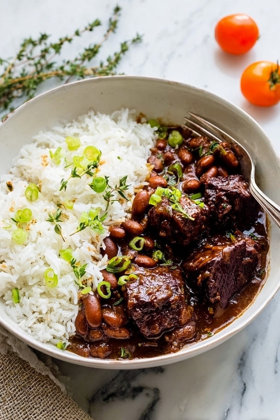 A white bowl on a white marbled surface holds a dish with two main layers. On the left side is fluffy white rice topped with small green onion pieces. On the right side are pieces of dark brown meat in a thick sauce with small light brown beans and green onions scattered on top. A silver fork rests inside the bowl on the right edge. Two small orange tomatoes and green thyme sprigs lie in the background. The lighting is soft and bright, showing clear textures of the food. photo taken with an iphone --ar 2:3 --v 7 - Flavorful Oxtail Stew, hearty oxtail stew, easy oxtail recipes, savory beef stew, comfort food recipes