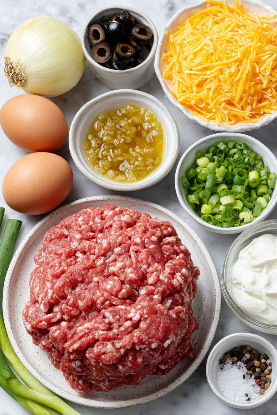 Flat lay of fresh raw ground beef shaped loosely in a small mound, a medium whole yellow onion with papery skin intact, three cloves of garlic unpeeled, a small white ceramic bowl filled with vibrant red diced tomatoes with juices, a small white ceramic bowl containing whole fresh green chilies, a small white ceramic bowl with rich golden beef broth, dry uncooked penne pasta scattered neatly, a small white ceramic bowl heaping with shredded bright orange cheddar cheese, two clean whole brown eggs, a small pile of fresh chopped green onions with vivid green tops, a small dollop of thick white sour cream on a white ceramic dish, a small white ceramic bowl with freshly diced red tomatoes, a small white ceramic bowl holding glossy black olive slices, a small white ceramic bowl with coarse sea salt crystals, and a small white ceramic bowl with cracked black peppercorns — all arranged symmetrically on a clean white marble surface, soft natural light, photo taken with an iPhone, professional food photography style, fresh ingredients, white ceramic bowls, no bottles, no duplicates, no utensils, no packaging --ar 2:3 --v 7 --p m7354615311229779997 - Cheesy Taco Pasta, easy taco pasta dinner, one-pot cheesy pasta, quick taco pasta recipe, flavorful taco pasta dinner