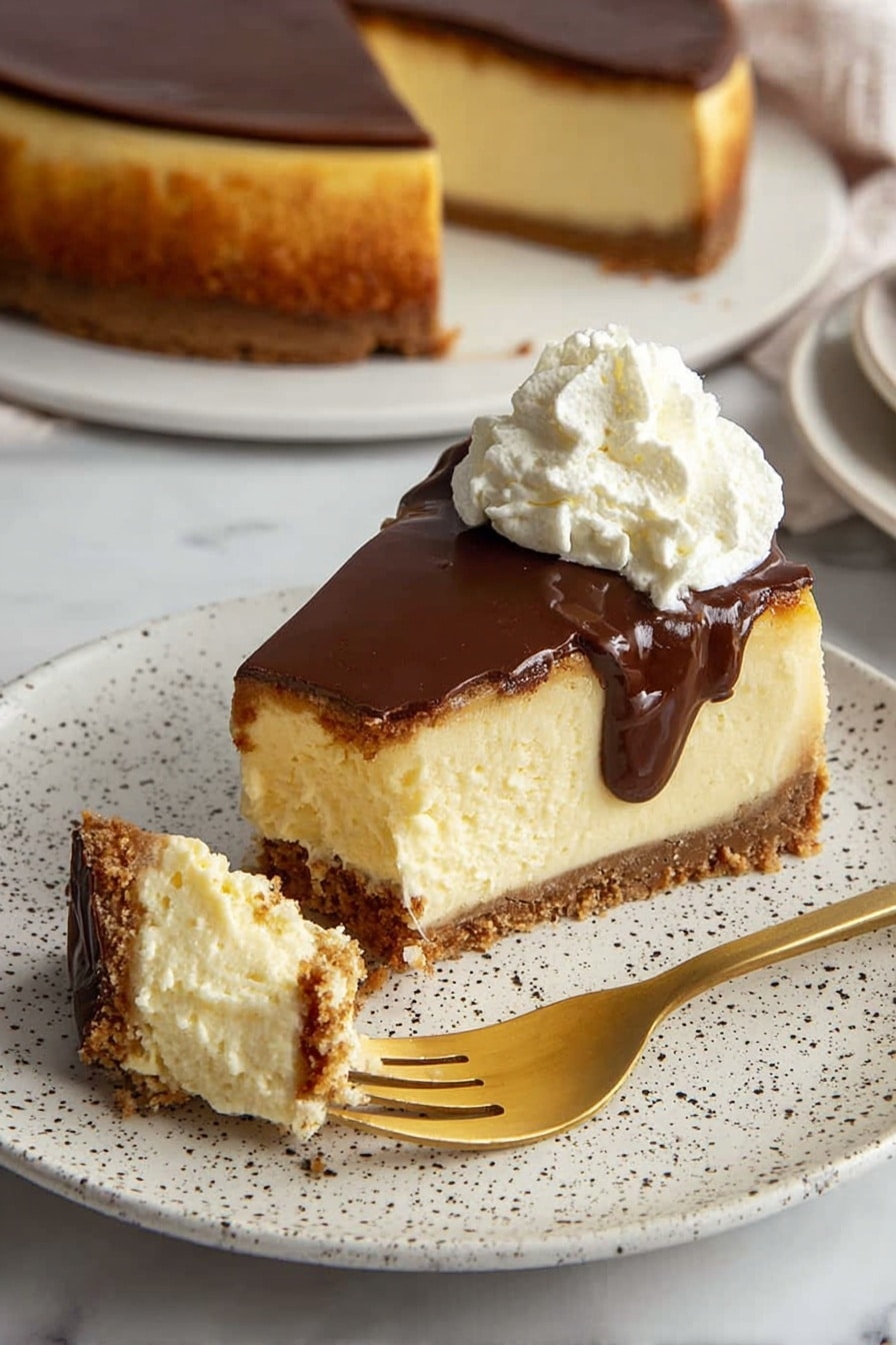 A slice of cheesecake sits on a white plate with small dark speckles, showing three distinct layers: a crumbly light brown crust at the bottom, a thick and smooth pale yellow cheese layer in the middle, and a glossy dark brown chocolate topping dripping slightly down the sides. Next to the cheesecake is a dollop of creamy white whipped cream with soft, fluffy texture. A gold fork is placed on the plate with a bite of cheesecake and crust on it that touches the chocolate layer. In the background, a larger cheesecake with the same layers is on a white plate on a white marbled surface. photo taken with an iphone --ar 2:3 --v 7 - Best Ever New York Baked Cheesecake, New York Cheesecake Recipe, Baked Cheesecake, Classic Cheesecake, Creamy Cheesecake