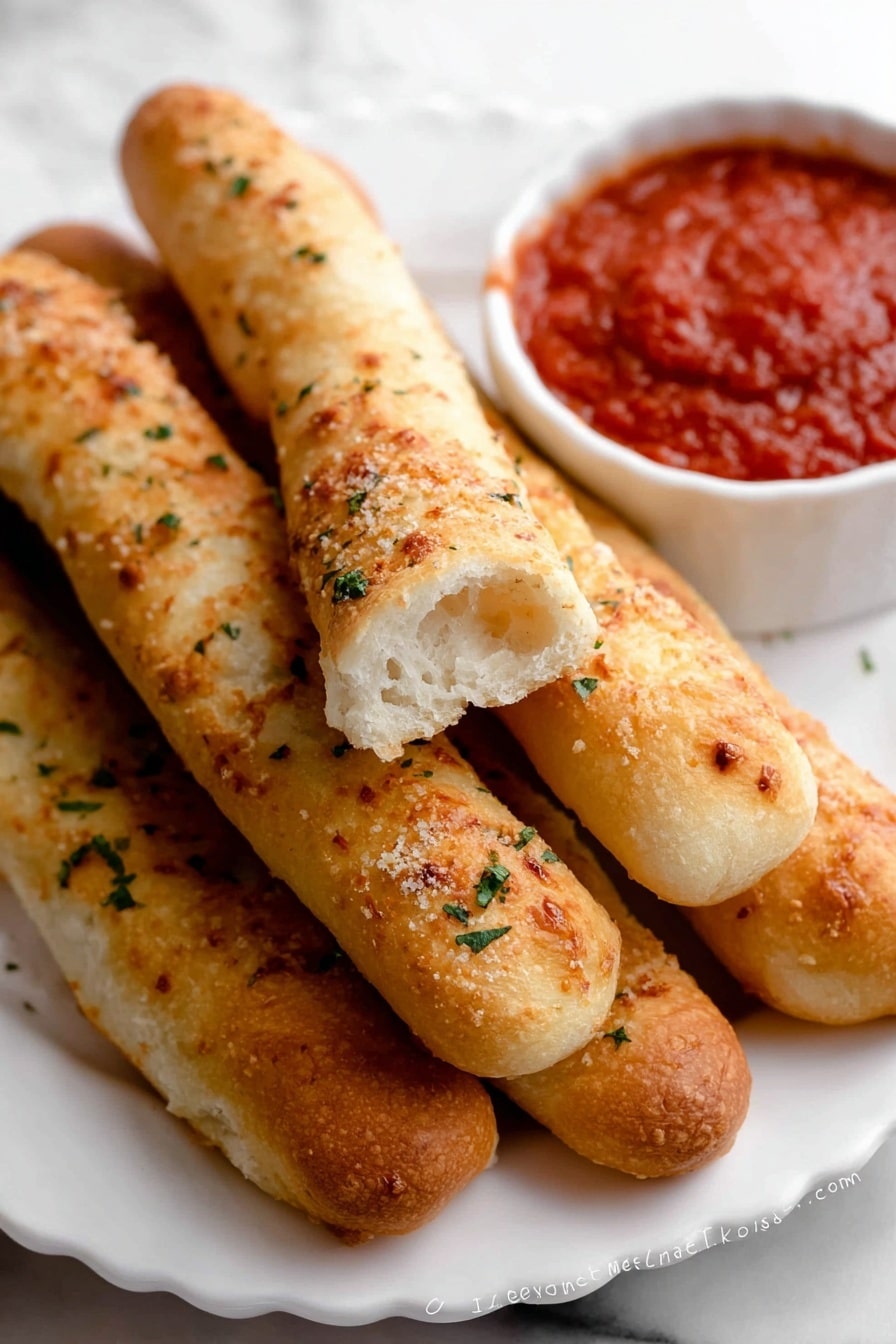 The image shows five golden-brown breadsticks with a crispy, slightly rough texture topped with small bits of seasoning and green herbs. One breadstick is broken in half, showing the soft, airy white inside. The breadsticks are arranged close together on a white plate with a scalloped edge, which sits on a white marbled surface. Next to the breadsticks is a small white dish filled with chunky, bright red marinara sauce speckled with herbs. Photo taken with an iphone --ar 2:3 --v 7 - Homemade Soft Breadsticks, Garlic Butter Breadsticks, Easy Breadstick Recipe, Fluffy Garlic Breadsticks, Soft Breadstick with Garlic Butter