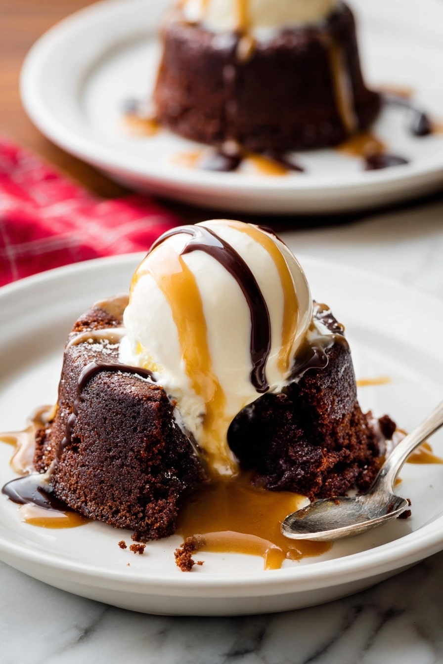 The image shows a dessert on a white plate placed on a white marbled surface. The dessert has two main layers: the bottom is a rich, dark brown chocolate cake with a moist texture, and on top sits a scoop of smooth, creamy vanilla ice cream. The ice cream is drizzled with light brown caramel sauce and dark brown chocolate sauce. The cake is partially opened on one side, revealing a melted caramel center flowing onto the plate. In the background, there is another white plate with the same dessert, slightly blurred. A spoon with some chocolate cake rests beside the front plate. photo taken with an iphone --ar 2:3 --v 7 - Peanut Butter Chocolate Lava Cakes, molten peanut butter cake, easy lava cake recipe, gourmet chocolate dessert, quick indulgent dessert