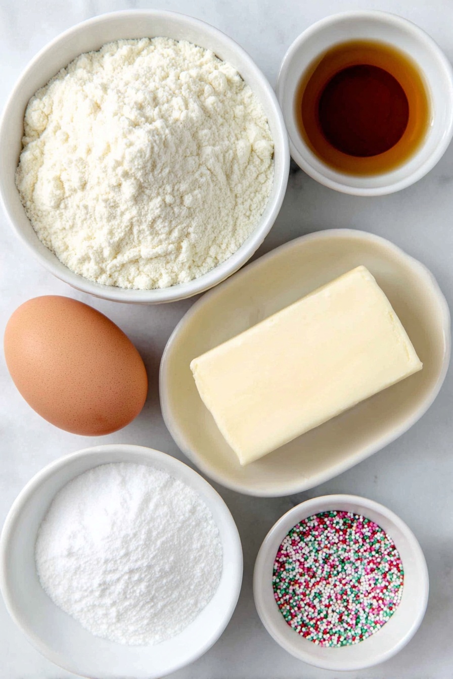 Flat lay of a small mound of pale all-purpose flour, a small white ceramic bowl filled with fine granulated sugar, a smooth unwrapped slab of unsalted butter with a creamy yellow hue, one large whole brown egg with a clean shell, a small white ceramic bowl containing clear vanilla extract, a tiny white ceramic bowl with a light amber almond extract, a small white ceramic bowl holding white baking powder, a pinch of fine salt presented on the surface, and a small simple white ceramic bowl with colorful assorted sprinkles placed neatly around, all arranged symmetrically on a clean white marble surface, soft natural light, photo taken with an iPhone, professional food photography style, fresh ingredients, white ceramic bowls, no bottles, no duplicates, no utensils, no packaging --ar 2:3 --v 7 --p m7354615311229779997 - Soft Cut-Out Sugar Cookies, sugar cookies recipe, soft sugar cookie dough, how to make perfect cut-out cookies, easy holiday cookies